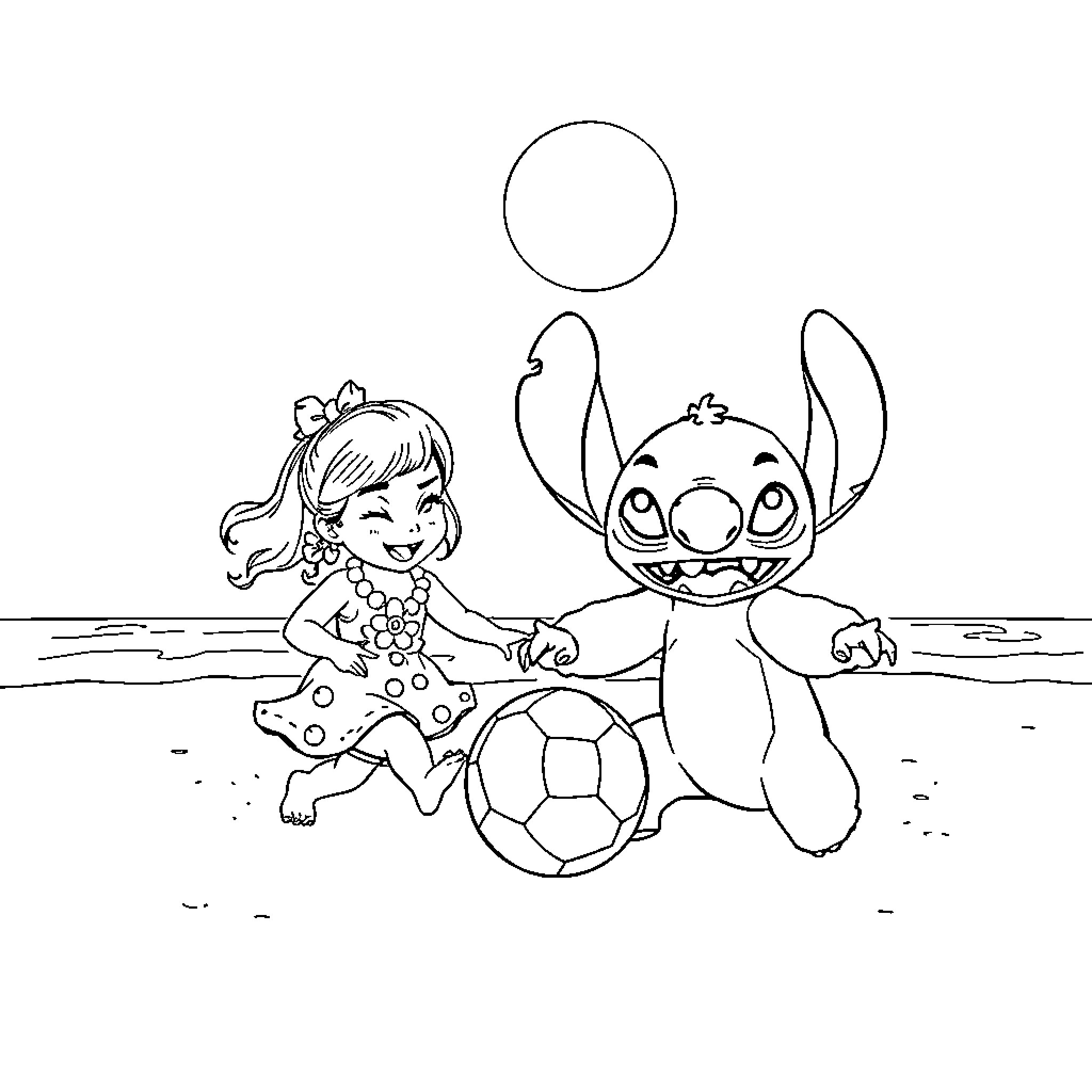 Lilo playing with Stitch on the beach Coloring Page (free black-and-white line drawing printable PDF for all, from beginners to advanced learners, including children, teens, adults, and seniors)