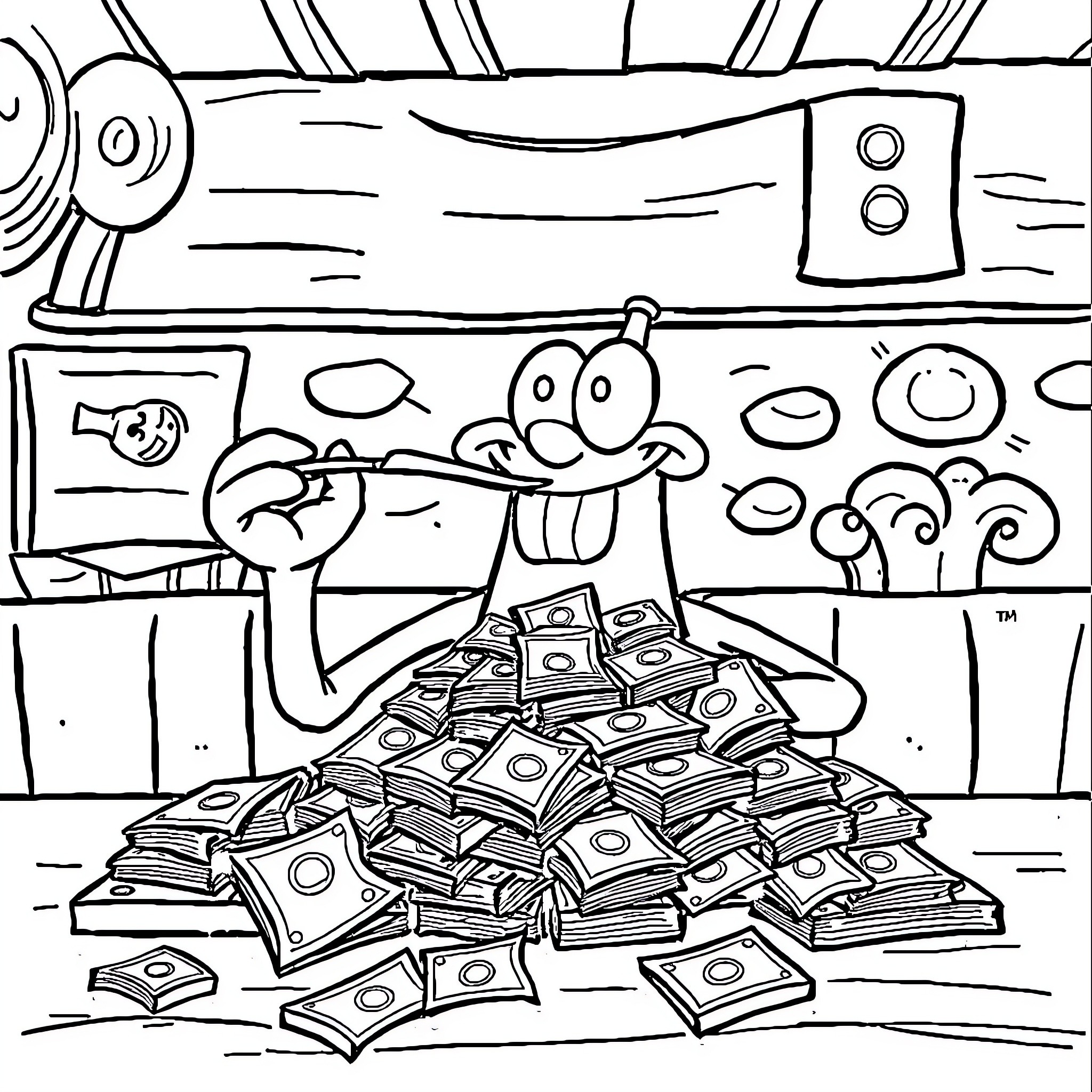 Mr. Krabs surrounded by money and greed Coloring Page (free black-and-white line drawing printable PDF for all, from beginners to advanced learners, including children, teens, adults, and seniors)