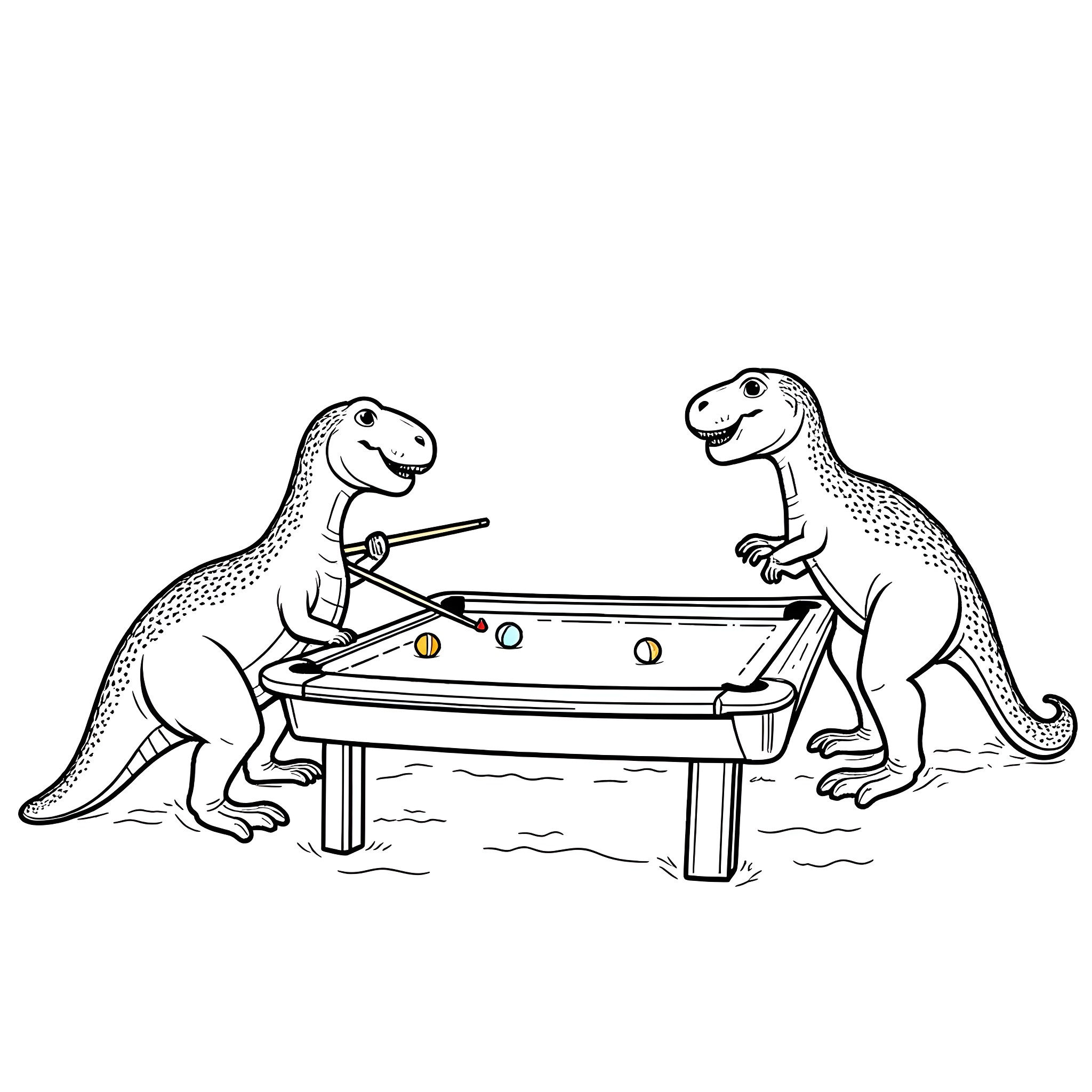 Dinosaurs playing pool together Coloring Page (free black-and-white line drawing printable PDF for all, from beginners to advanced learners, including children, teens, adults, and seniors)