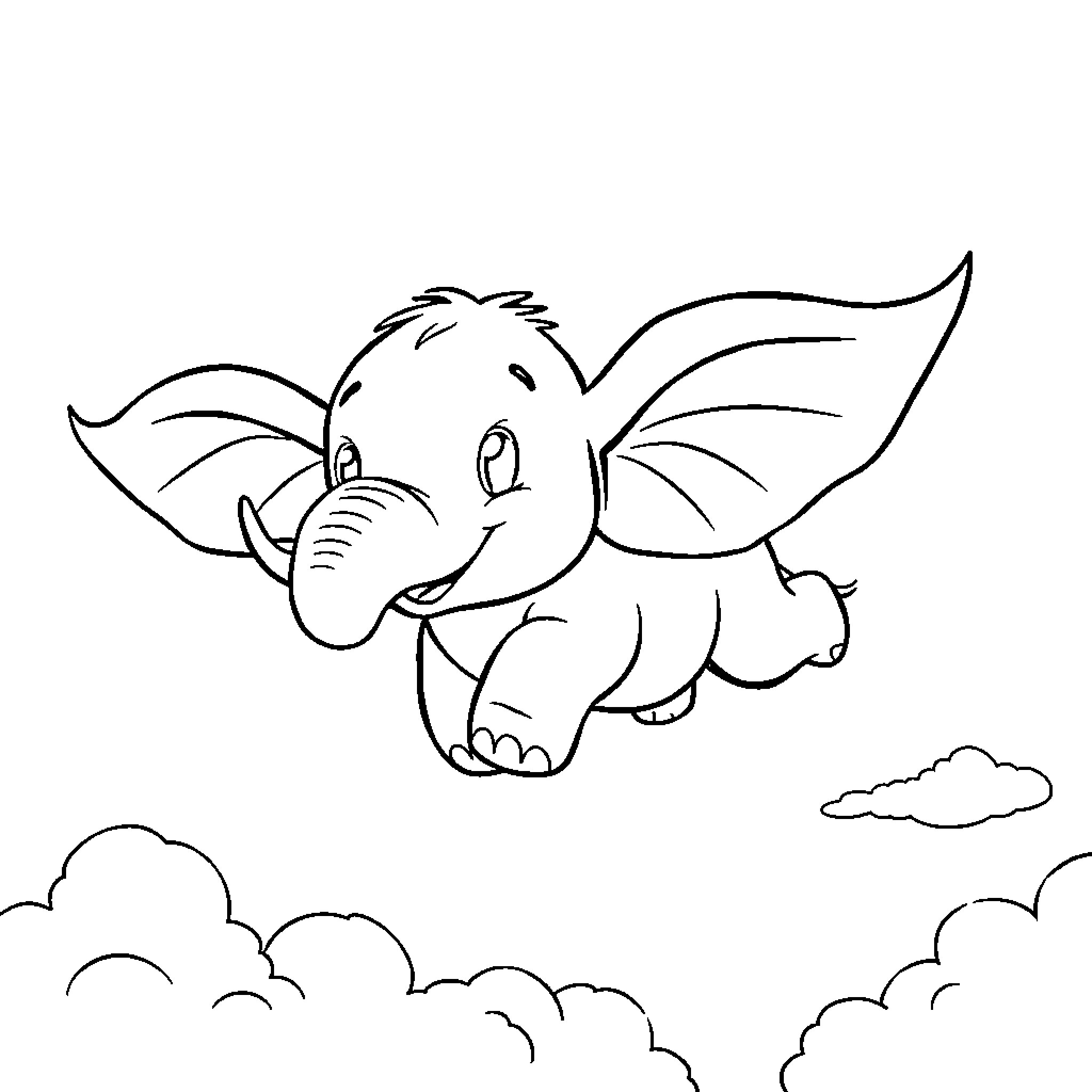 Elephant flying among clouds Coloring Page (free black-and-white line drawing printable PDF for all, from beginners to advanced learners, including children, teens, adults, and seniors)