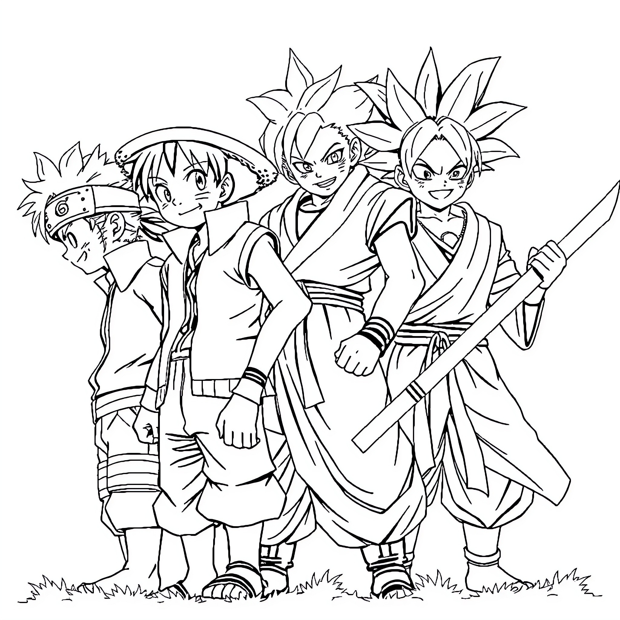 Anime Characters in Heroic Poses and Outfits Coloring Page (free black-and-white line drawing printable PDF for all, from beginners to advanced learners, including children, teens, adults, and seniors)