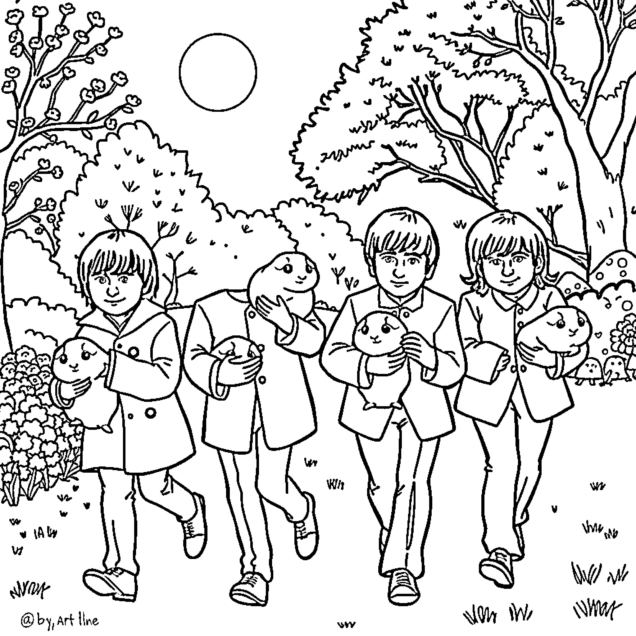 Beatle kids exploring the nature together Coloring Page (free black-and-white line drawing printable PDF for all, from beginners to advanced learners, including children, teens, adults, and seniors)