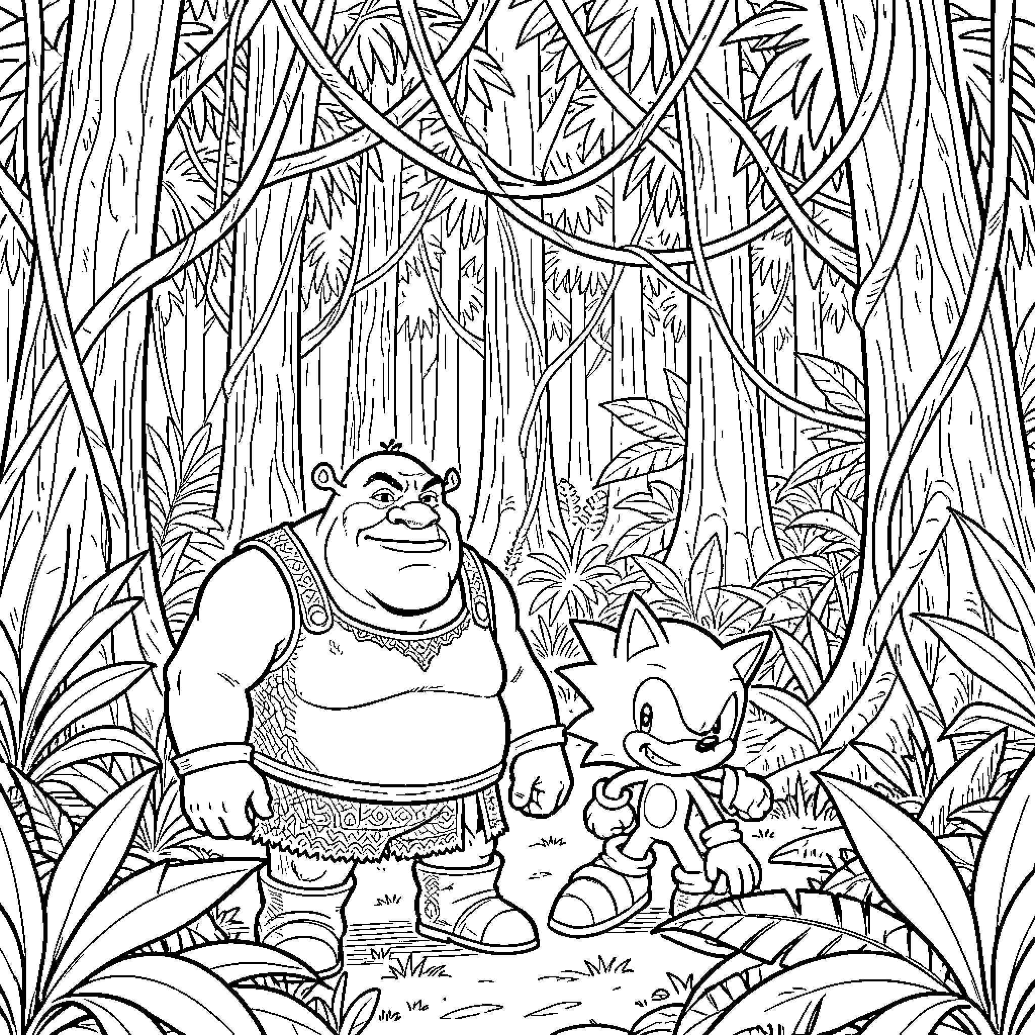 Shrek and Sonic the Hedgehog walking through a jungle Coloring Page (free black-and-white line drawing printable PDF for all, from beginners to advanced learners, including children, teens, adults, and seniors)