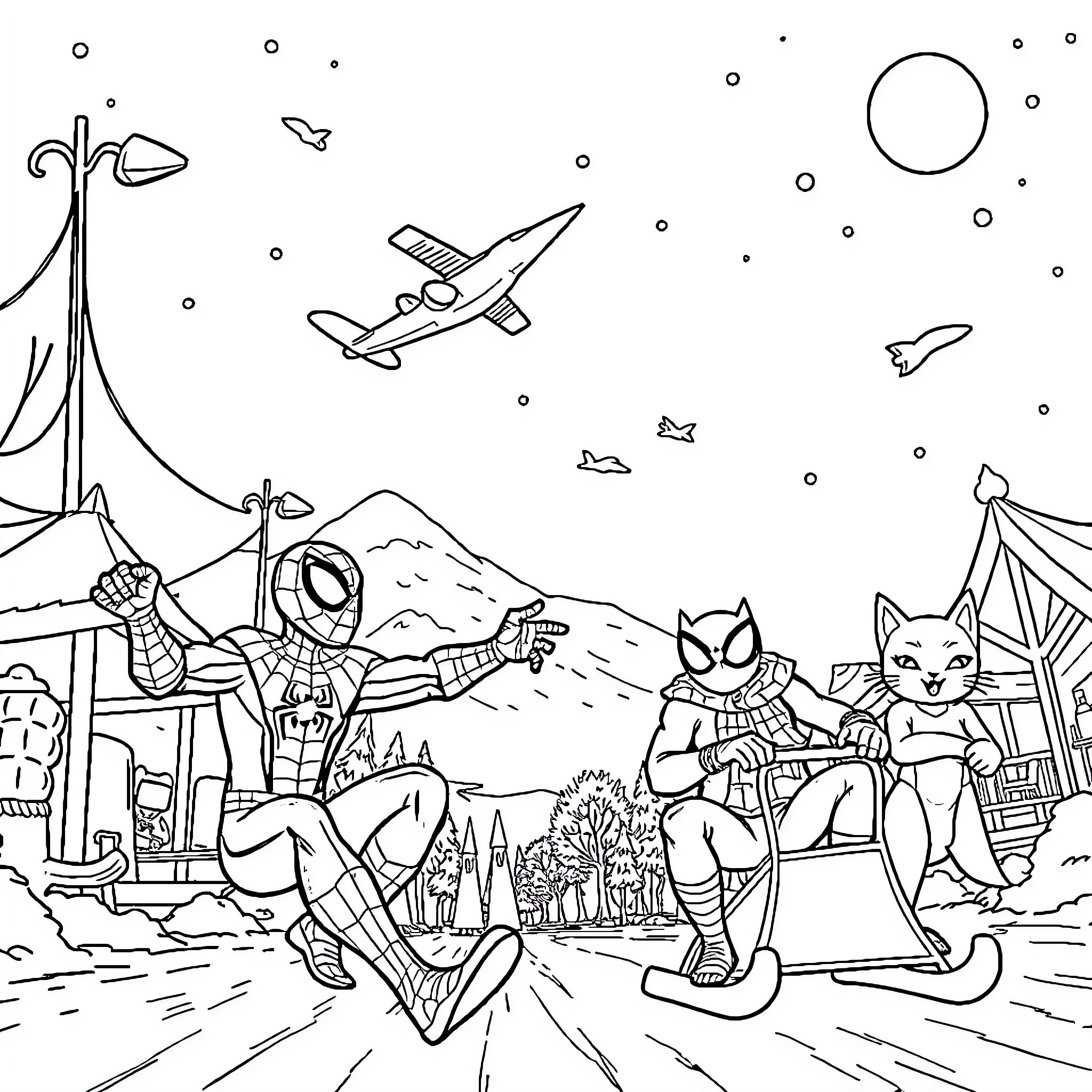 Spiderman and friends on an adventure in the desert Coloring Page (free black-and-white line drawing printable PDF for all, from beginners to advanced learners, including children, teens, adults, and seniors)