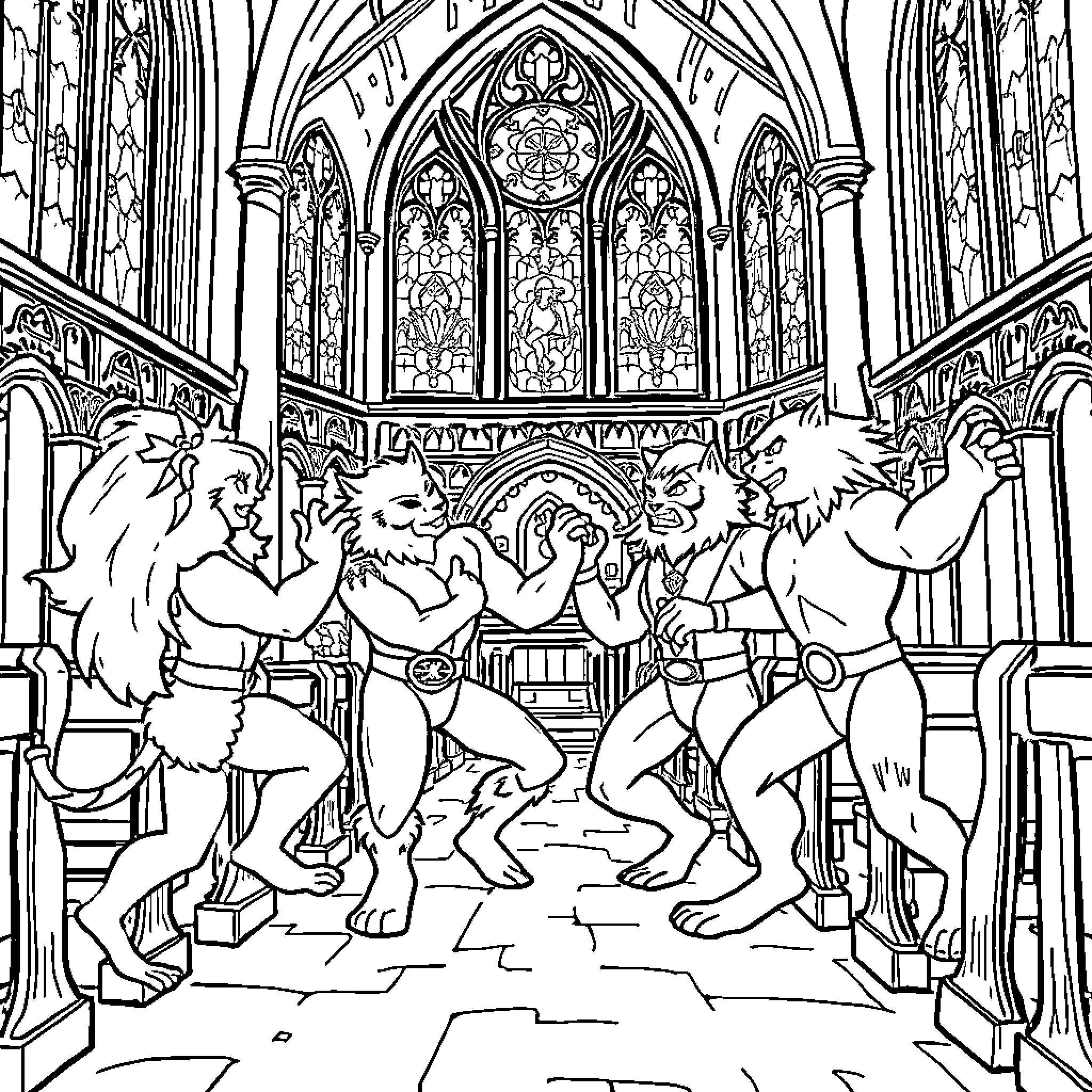 Thunder Cats Gather in Majestic Cathedral Coloring Page (free black-and-white line drawing printable PDF for all, from beginners to advanced learners, including children, teens, adults, and seniors)