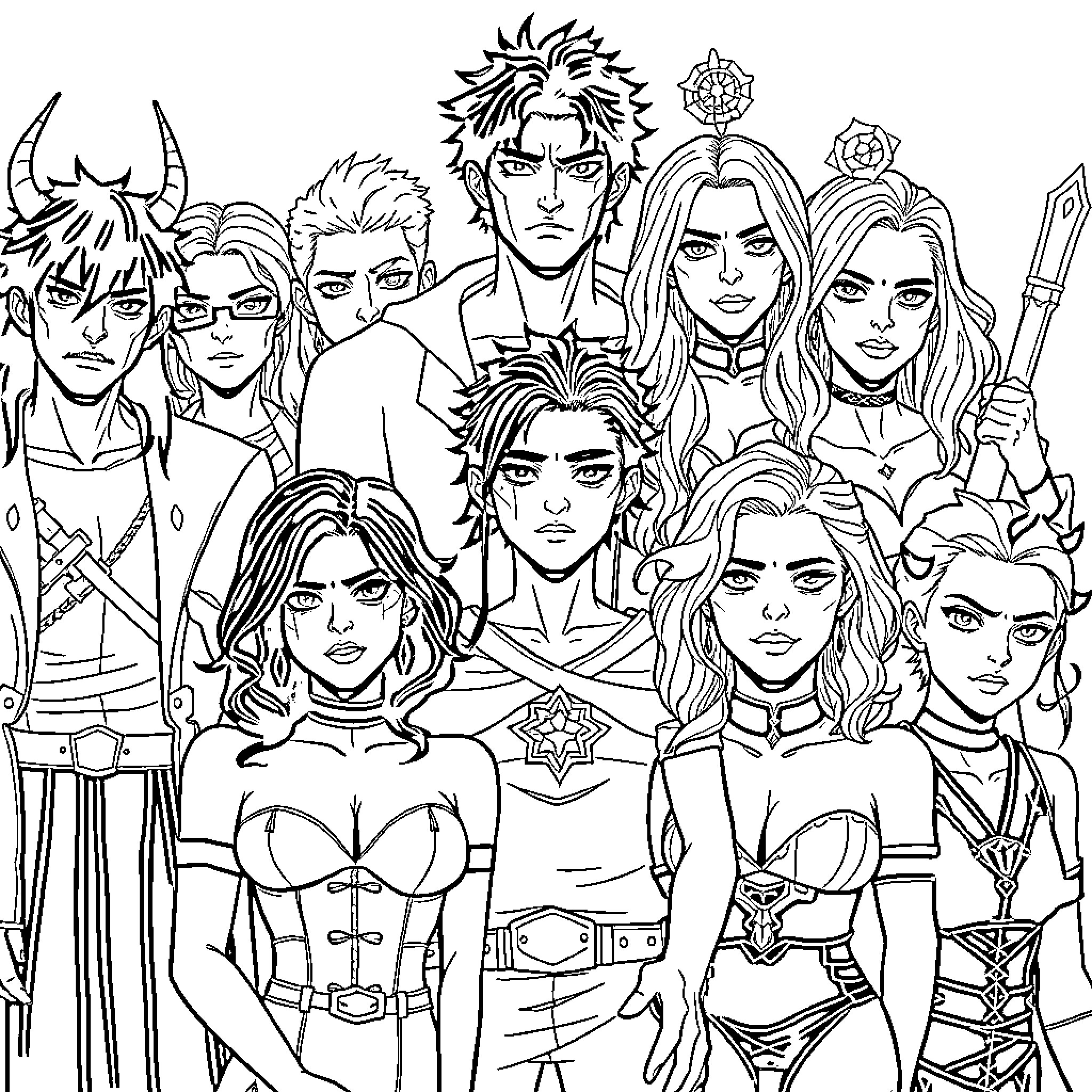 Demon Slayer Characters in Action-Packed Scenes Coloring Page (free black-and-white line drawing printable PDF for all, from beginners to advanced learners, including children, teens, adults, and seniors)