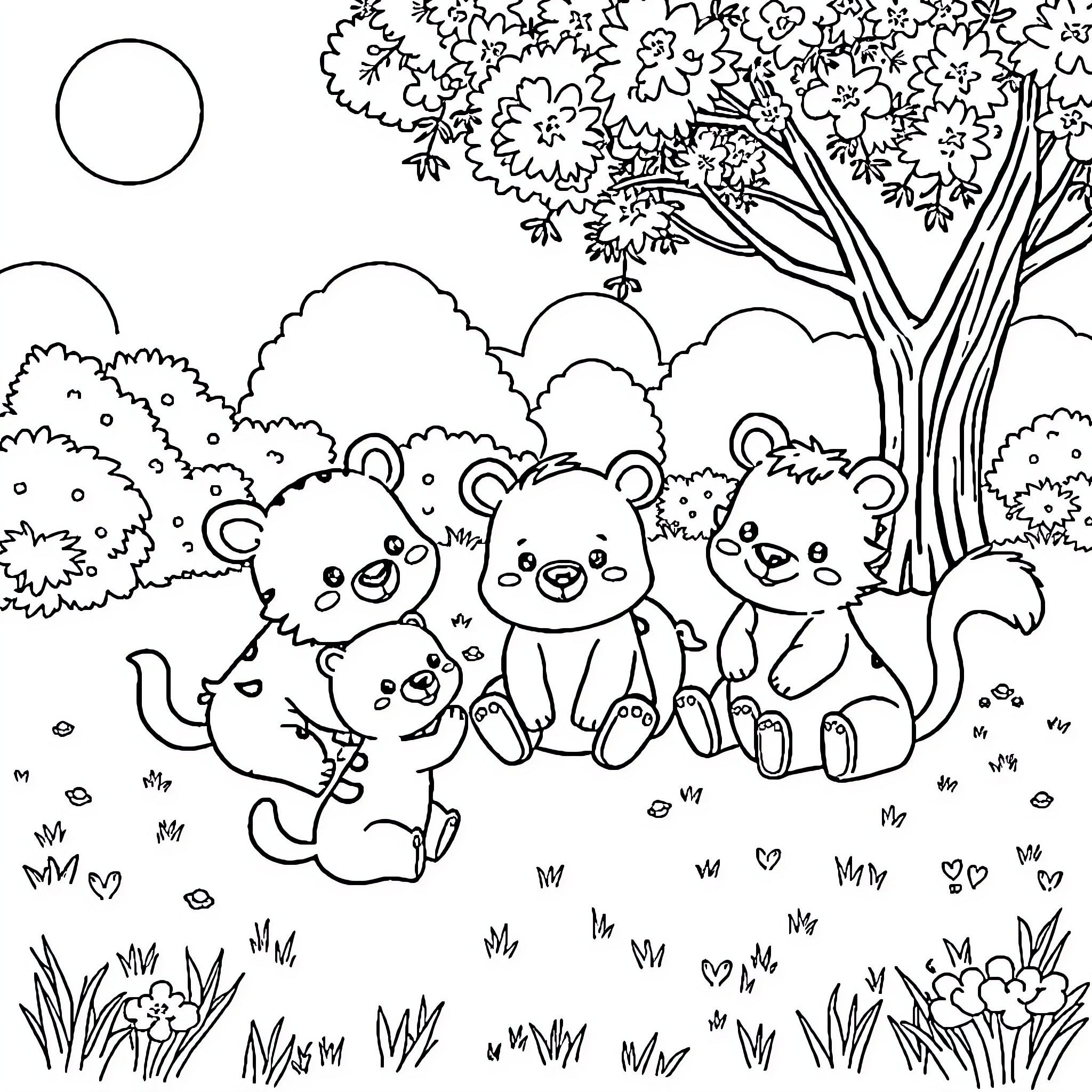 Animal friends enjoying nature in the forest Coloring Page (free black-and-white line drawing printable PDF for all, from beginners to advanced learners, including children, teens, adults, and seniors)