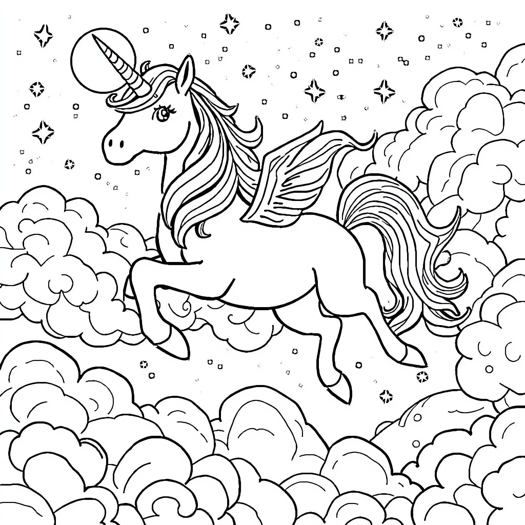 Unicorn soaring through the magical starry sky Coloring Page (free black-and-white line drawing printable PDF for all, from beginners to advanced learners, including children, teens, adults, and seniors)