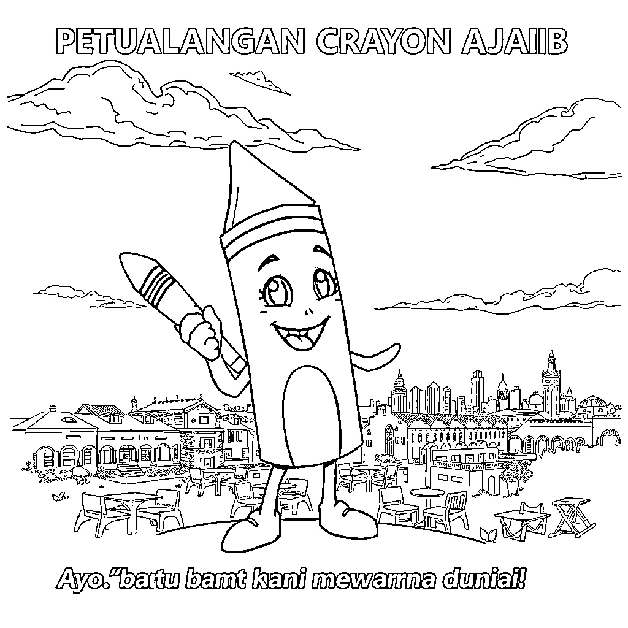 Crayon character exploring vibrant city landscape Coloring Page (free black-and-white line drawing printable PDF for all, from beginners to advanced learners, including children, teens, adults, and seniors)