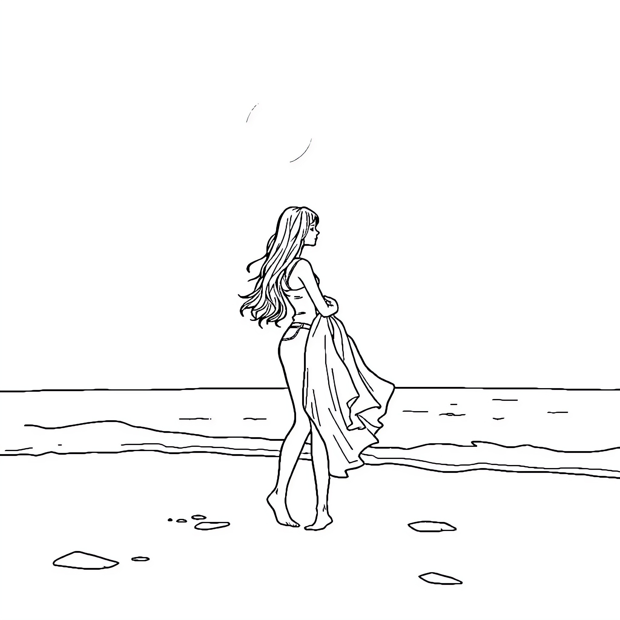 Girl walking alone on the beach Coloring Page (free black-and-white line drawing printable PDF for all, from beginners to advanced learners, including children, teens, adults, and seniors)