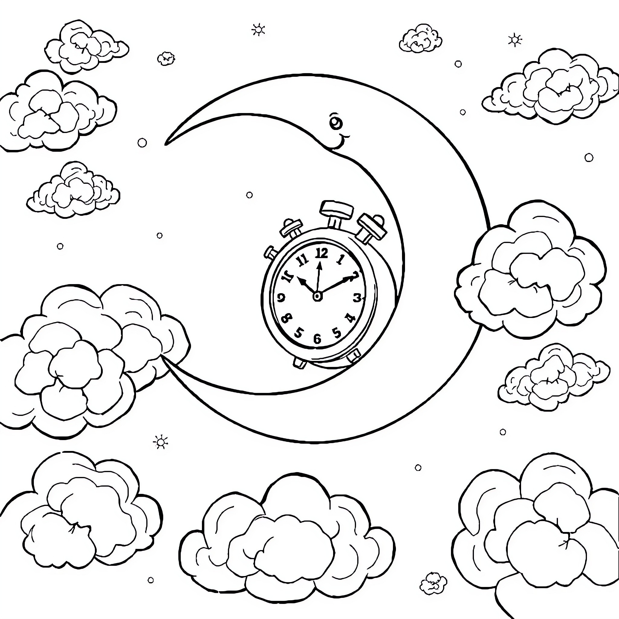 Moon and Time Motifs in Cloudy Skies Coloring Page (free black-and-white line drawing printable PDF for all, from beginners to advanced learners, including children, teens, adults, and seniors)