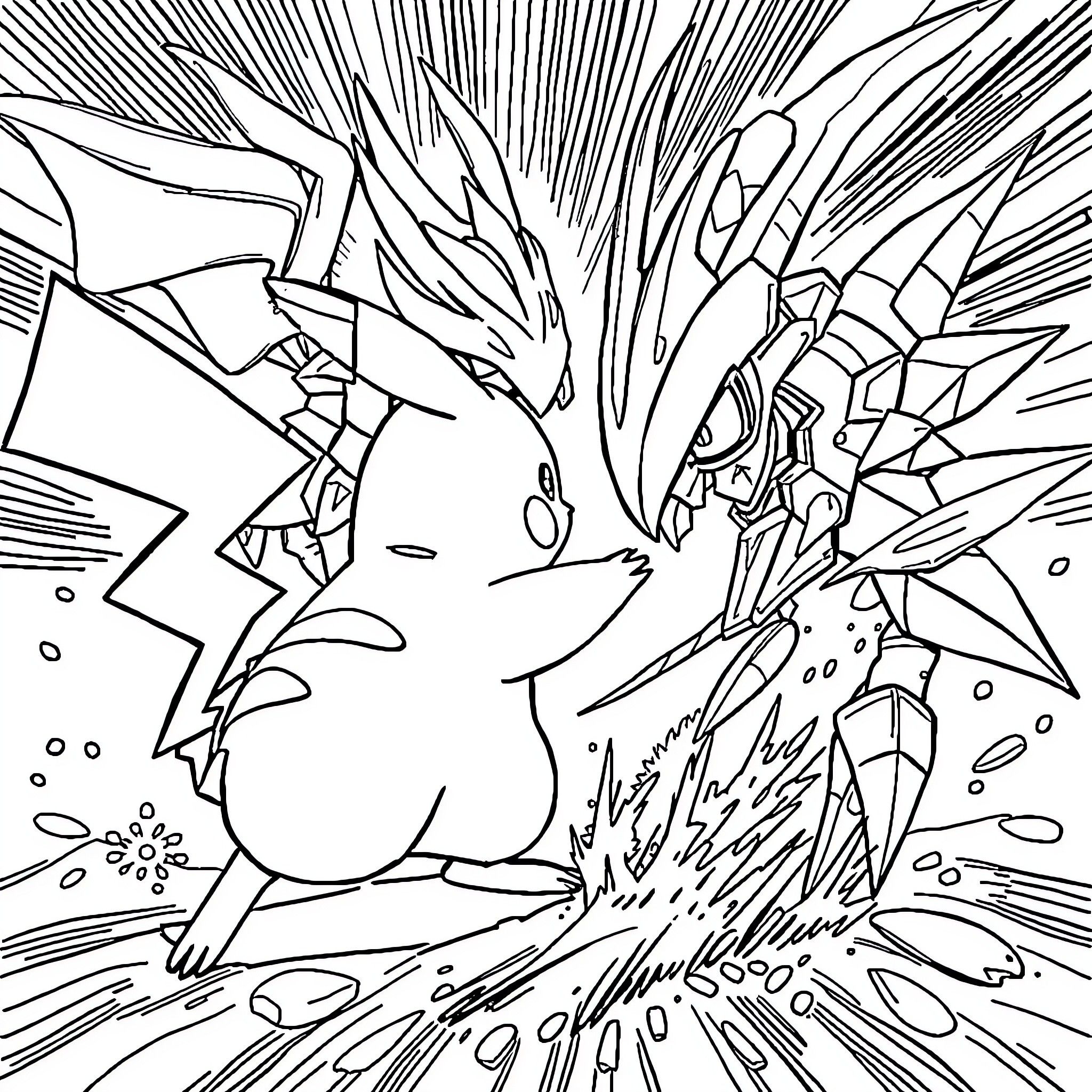 Pikachu unleashing powerful electric attack Coloring Page (free black-and-white line drawing printable PDF for all, from beginners to advanced learners, including children, teens, adults, and seniors)