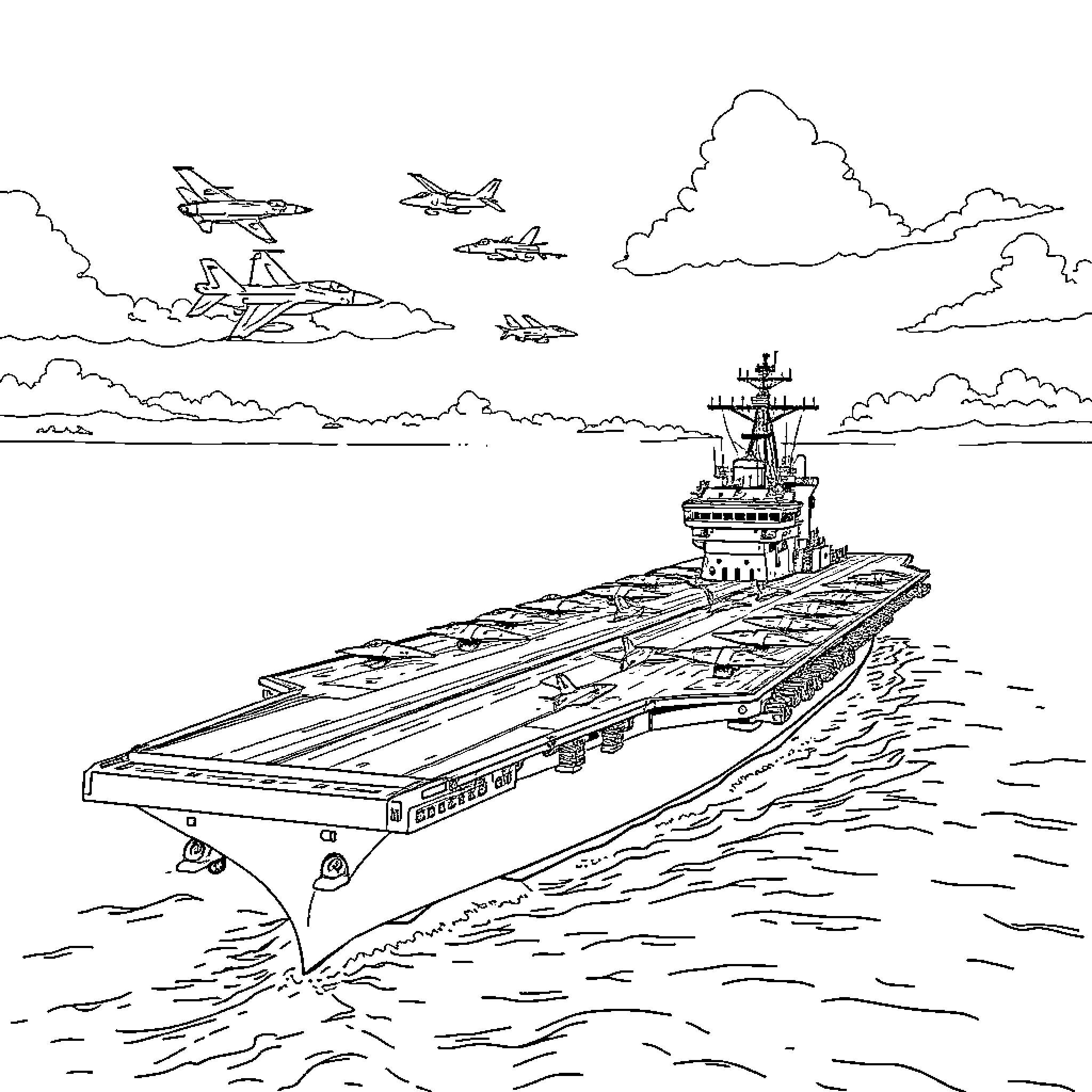 Aircraft Carrier at Sea with Fighter Jets Coloring Page (free black-and-white line drawing printable PDF for all, from beginners to advanced learners, including children, teens, adults, and seniors)