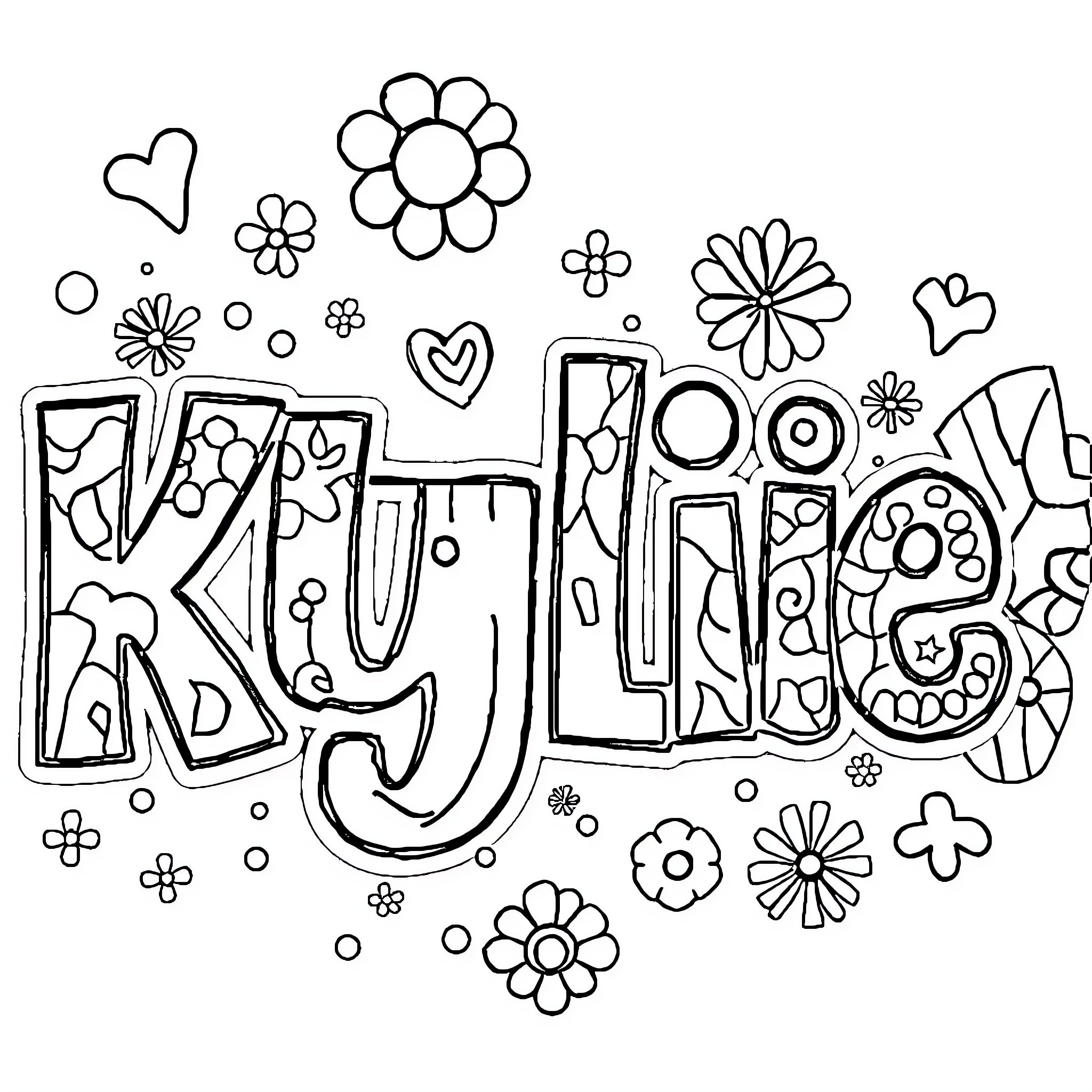 Kylie's Playful Floral Doodle Coloring Page (free black-and-white line drawing printable PDF for all, from beginners to advanced learners, including children, teens, adults, and seniors)