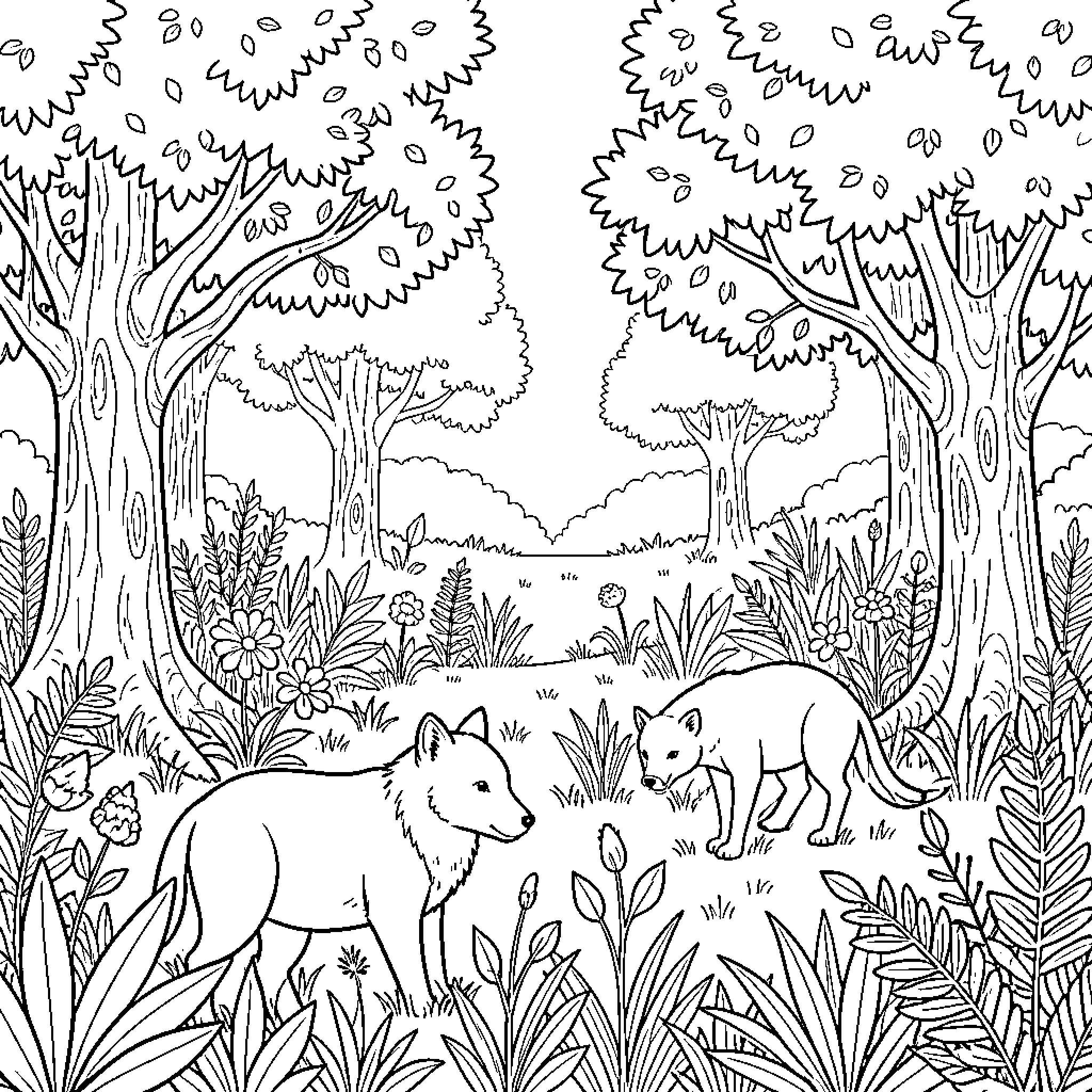 Nature scene with wolves wandering through a forest Coloring Page (free black-and-white line drawing printable PDF for all, from beginners to advanced learners, including children, teens, adults, and seniors)