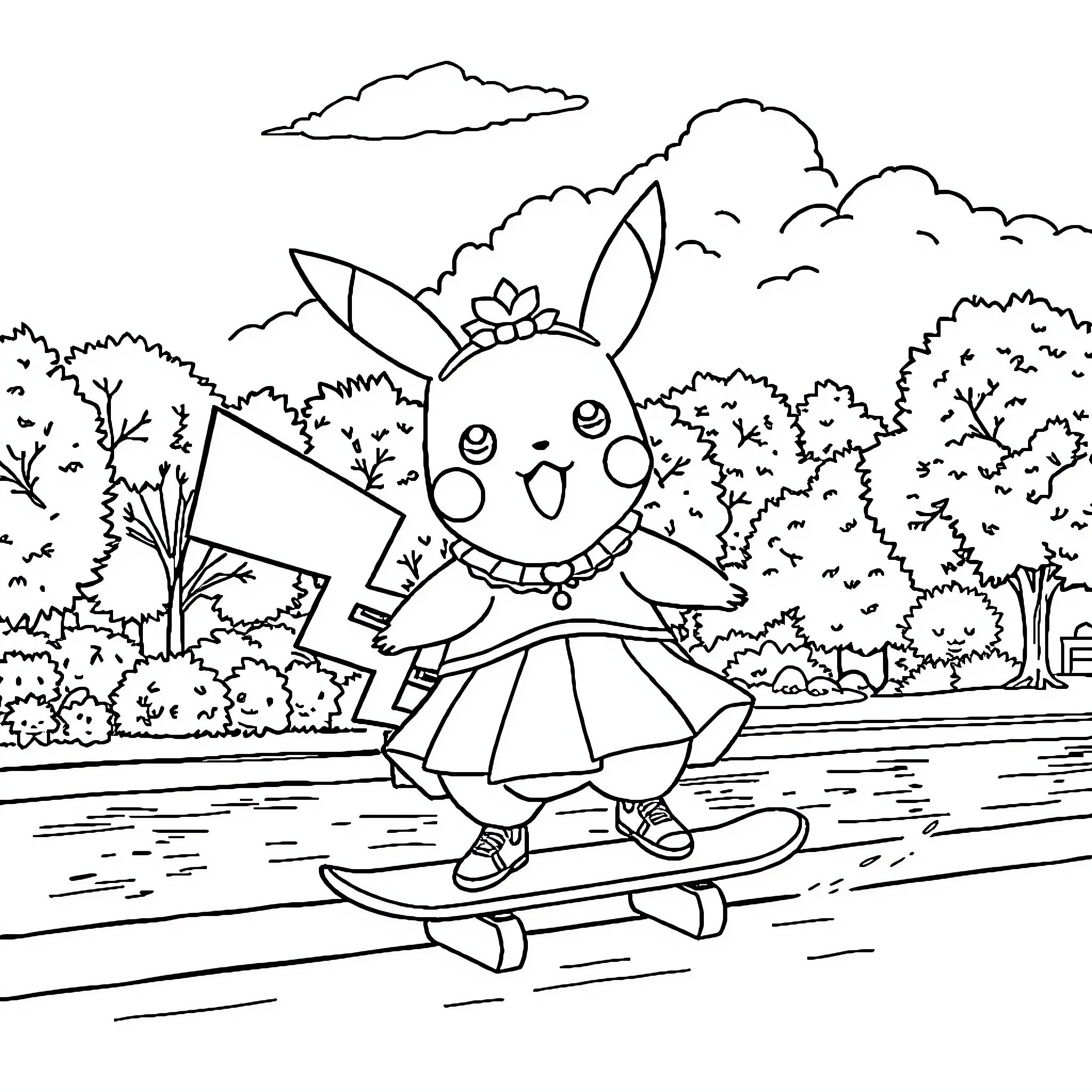 Pikachu skateboarding through a forest Coloring Page (free black-and-white line drawing printable PDF for all, from beginners to advanced learners, including children, teens, adults, and seniors)