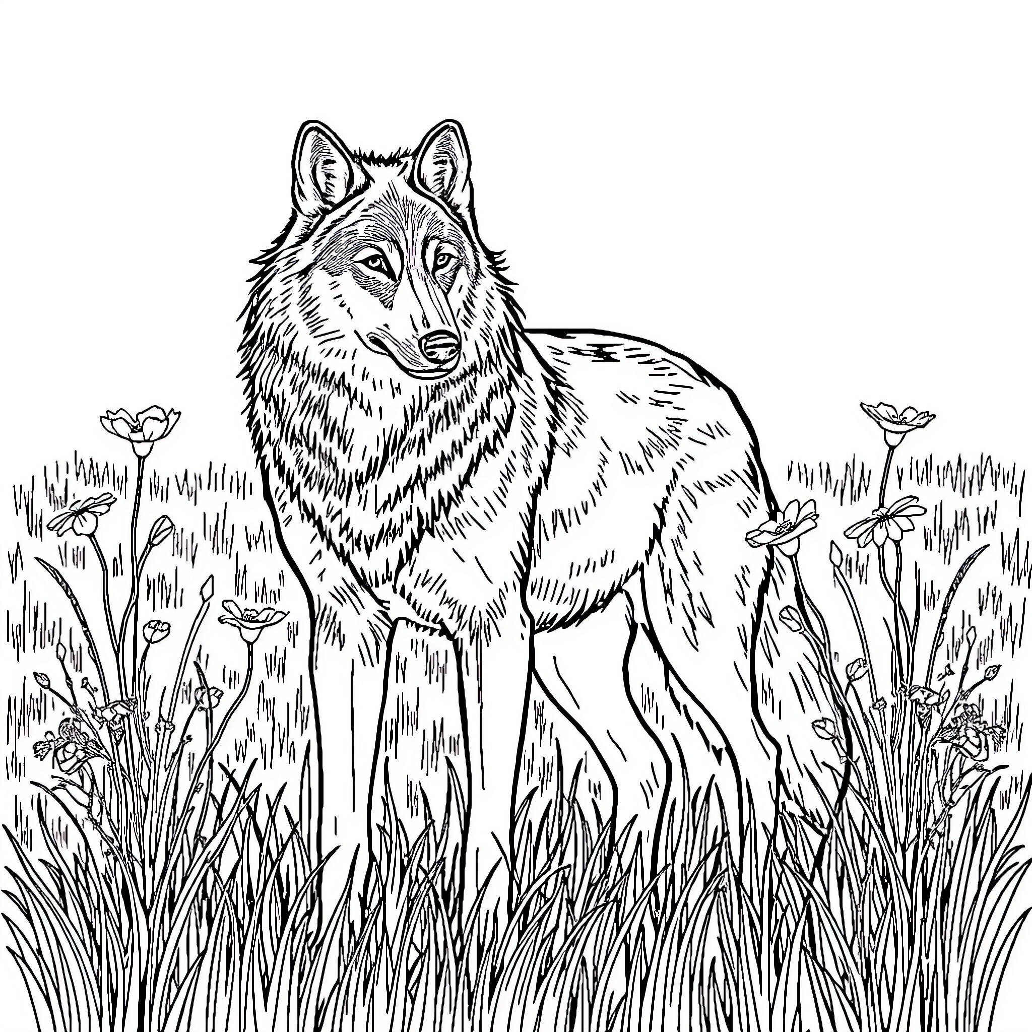 Wolf standing alert in a grassy field Coloring Page (free black-and-white line drawing printable PDF for all, from beginners to advanced learners, including children, teens, adults, and seniors)