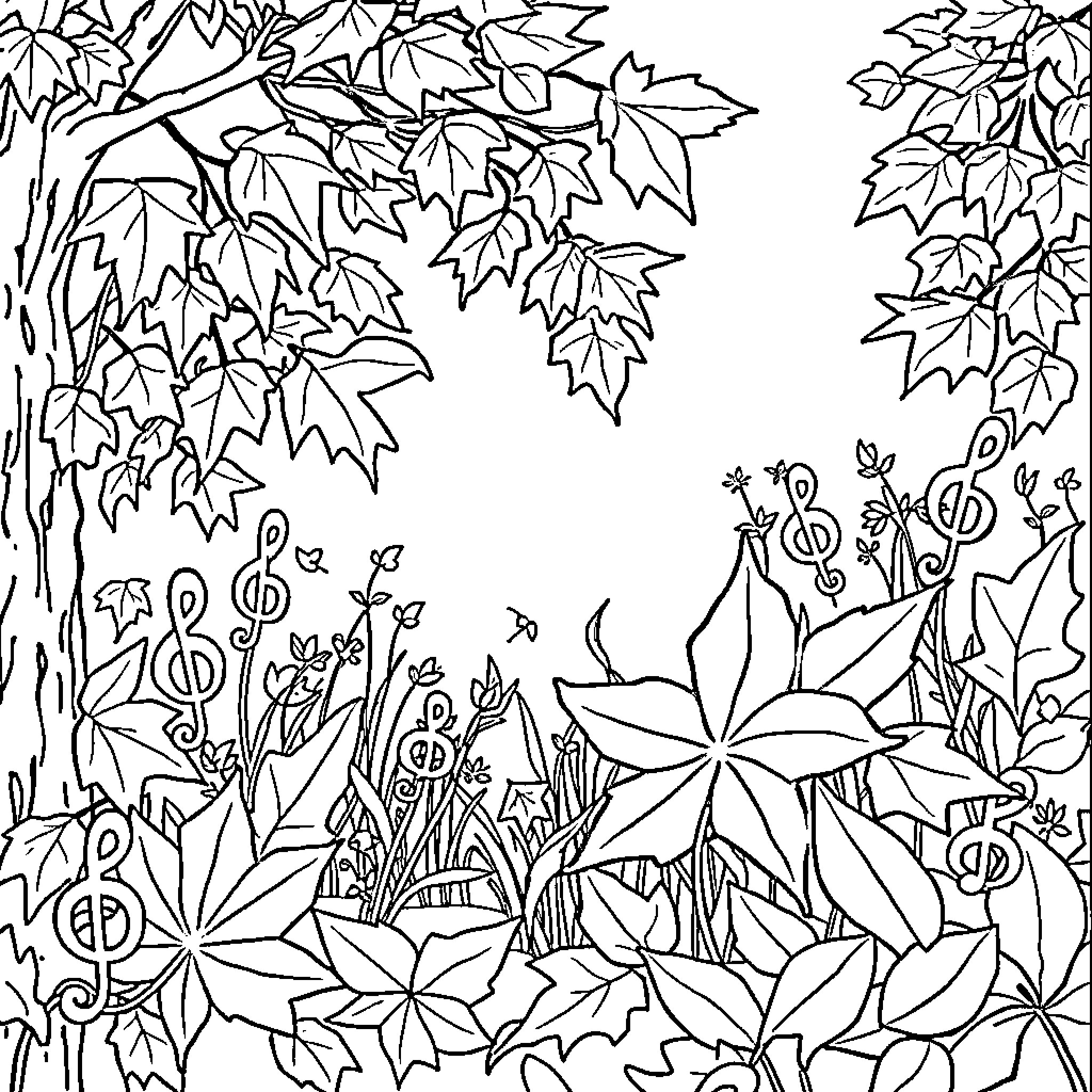 Clef Melody in the Autumn Leaves Coloring Page (free black-and-white line drawing printable PDF for all, from beginners to advanced learners, including children, teens, adults, and seniors)