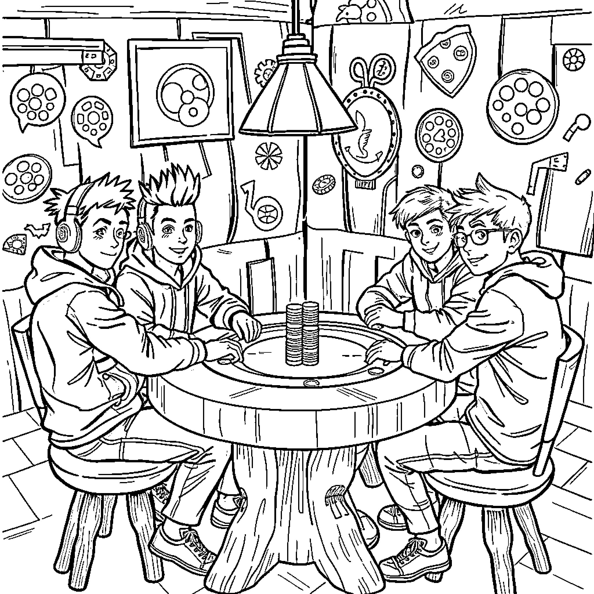 Kelinci friends gathered for a lively discussion Coloring Page (free black-and-white line drawing printable PDF for all, from beginners to advanced learners, including children, teens, adults, and seniors)
