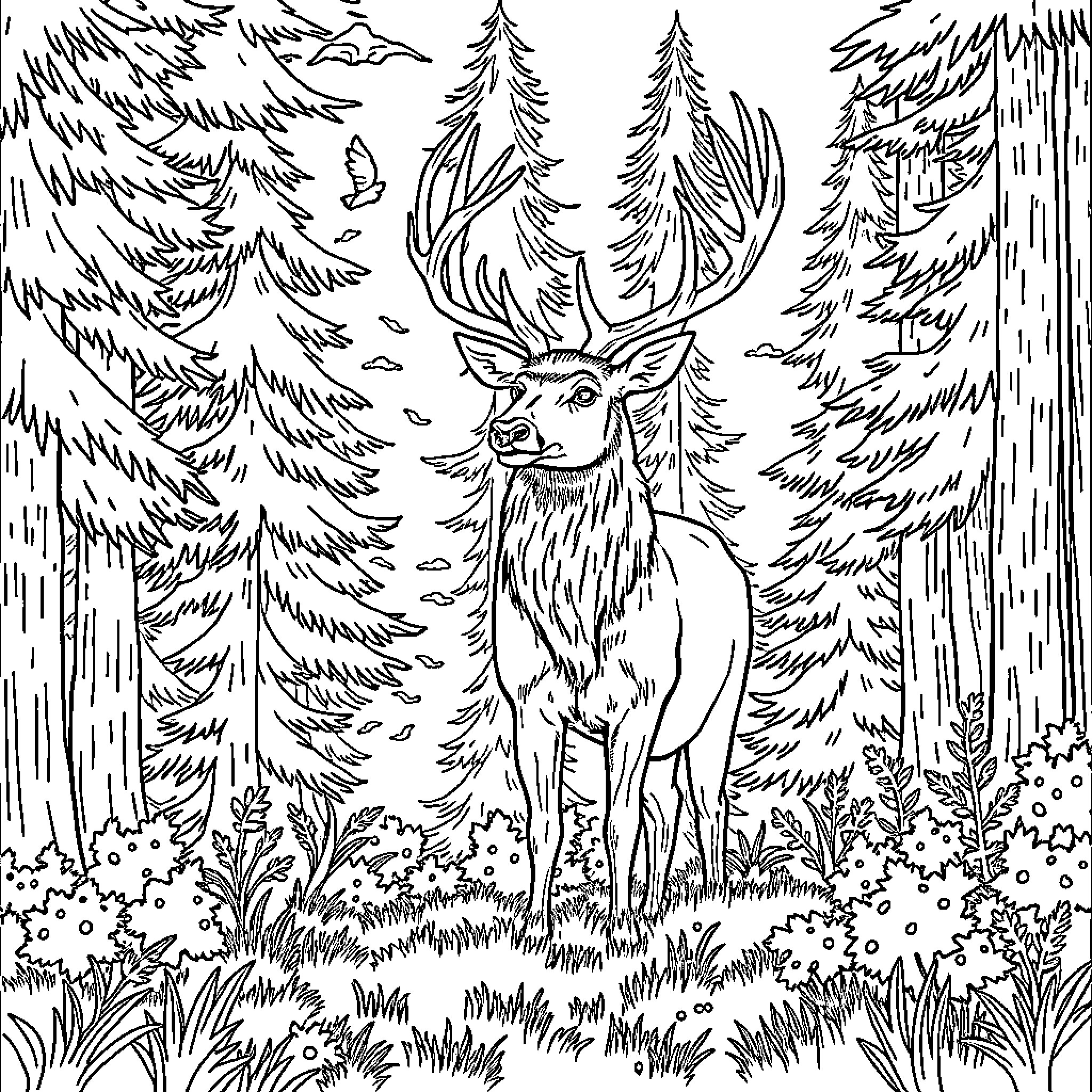 Elk standing amidst the forest scenery Coloring Page (free black-and-white line drawing printable PDF for all, from beginners to advanced learners, including children, teens, adults, and seniors)