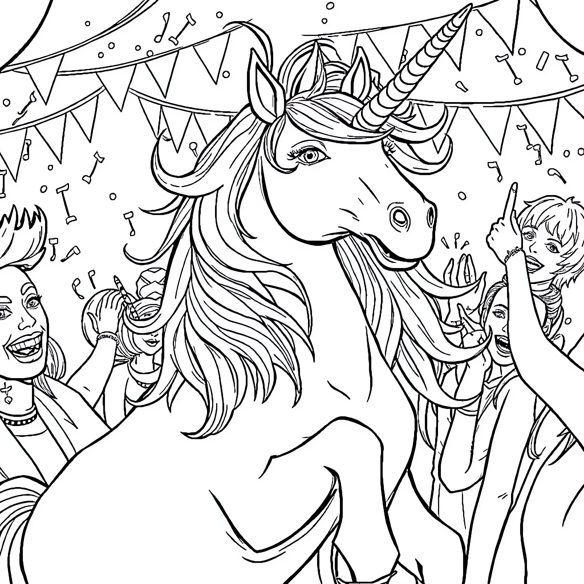 Unicorn at a Festive Carnival Coloring Page (free black-and-white line drawing printable PDF for all, from beginners to advanced learners, including children, teens, adults, and seniors)