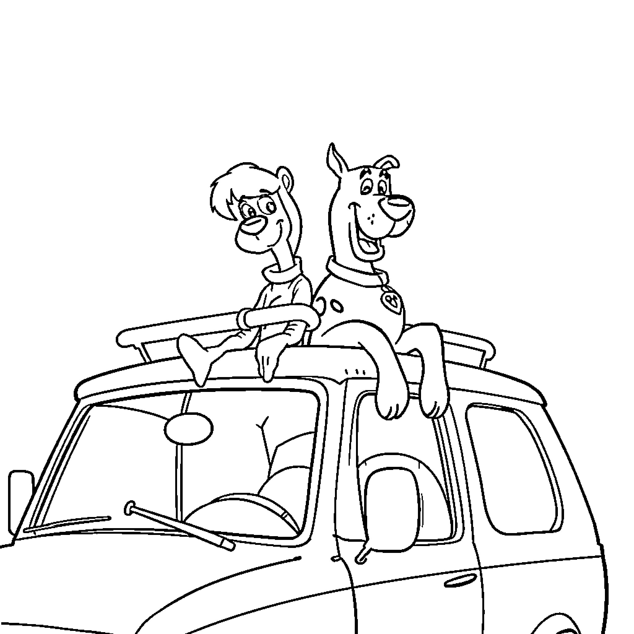 Scooby Doo and Friend Exploring in Van Coloring Page (free black-and-white line drawing printable PDF for all, from beginners to advanced learners, including children, teens, adults, and seniors)