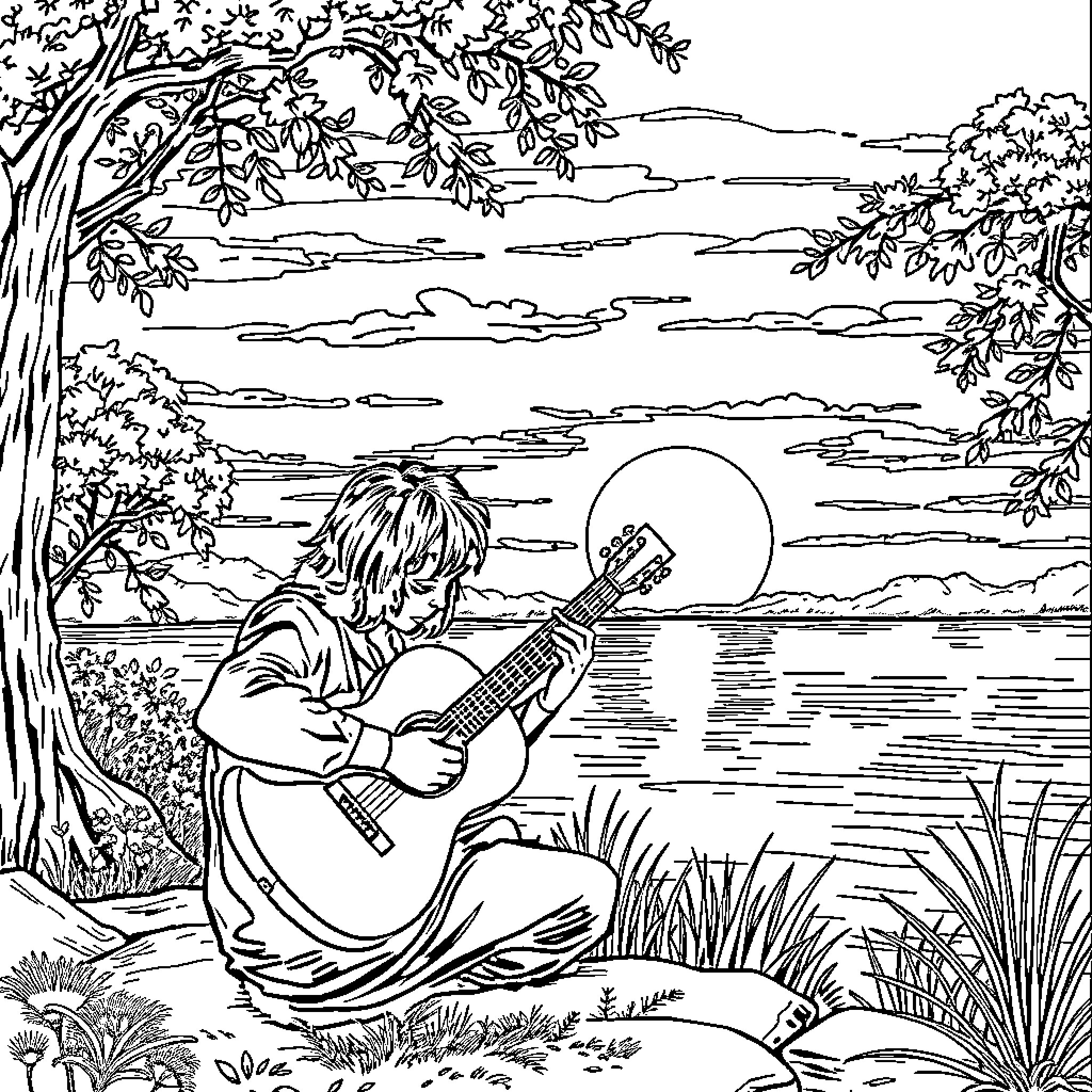 Guitar player in serene nature landscape Coloring Page (free black-and-white line drawing printable PDF for all, from beginners to advanced learners, including children, teens, adults, and seniors)