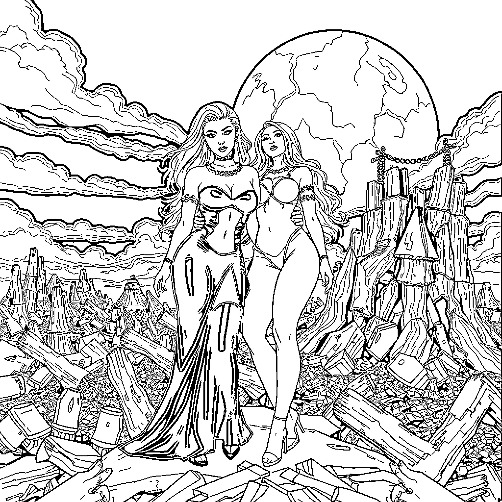 Lady Gaga's Otherworldly Celestial Encounter Coloring Page (free black-and-white line drawing printable PDF for all, from beginners to advanced learners, including children, teens, adults, and seniors)