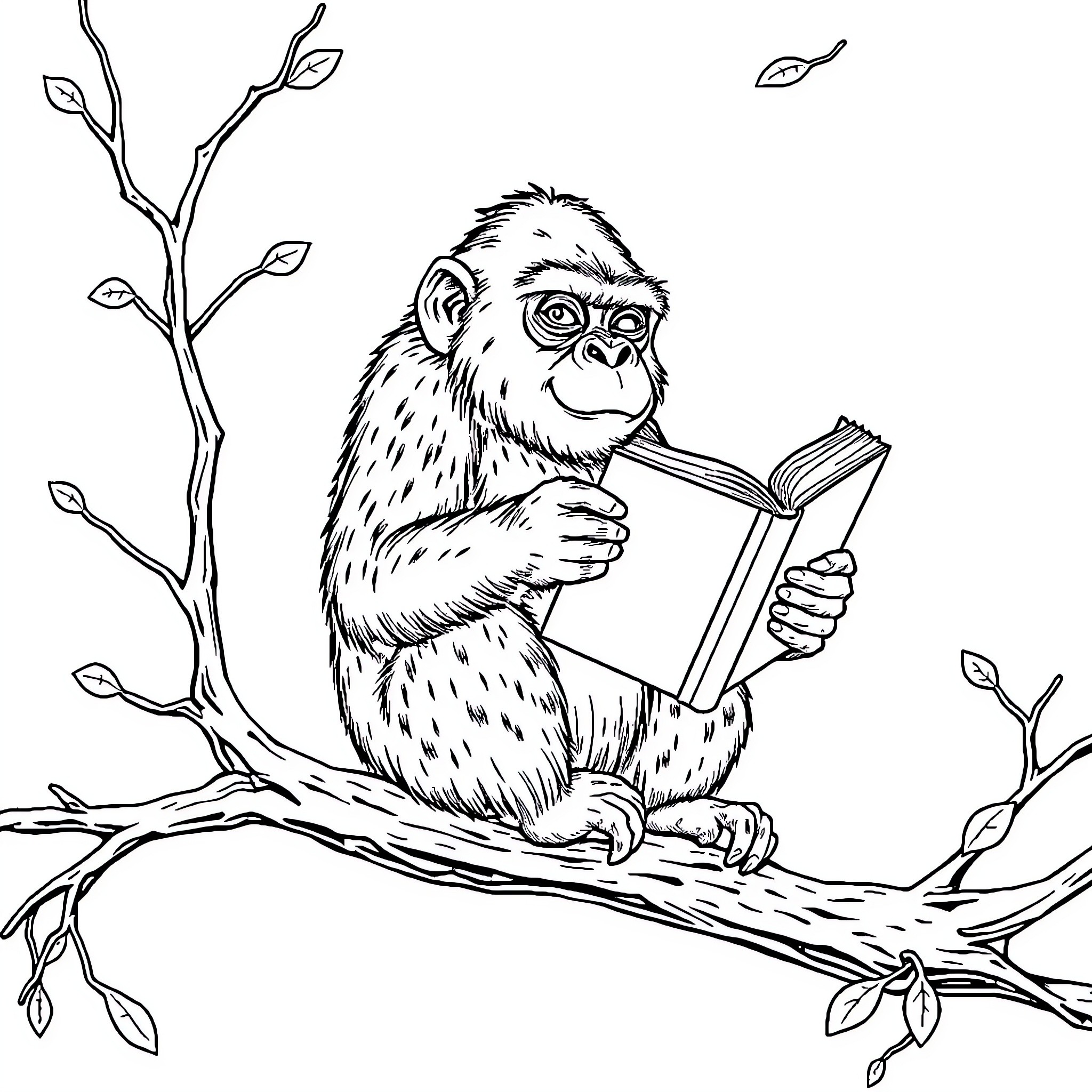 Gorilla reading book on tree branch Coloring Page (free black-and-white line drawing printable PDF for all, from beginners to advanced learners, including children, teens, adults, and seniors)
