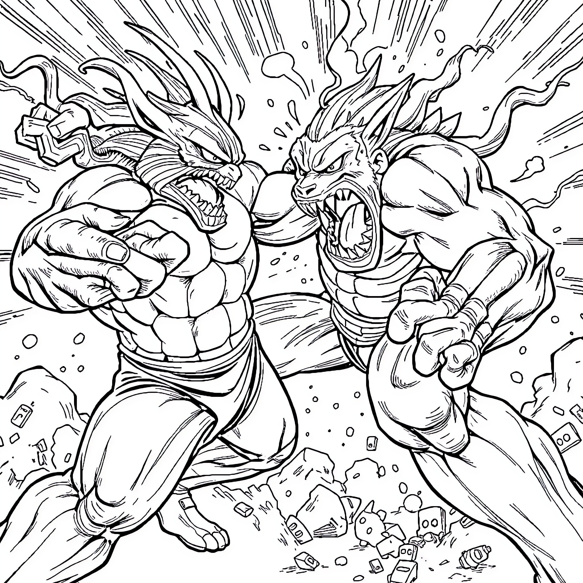 Vegueta: Fierce Battle Between Powerful Fighters Coloring Page (free black-and-white line drawing printable PDF for all, from beginners to advanced learners, including children, teens, adults, and seniors)