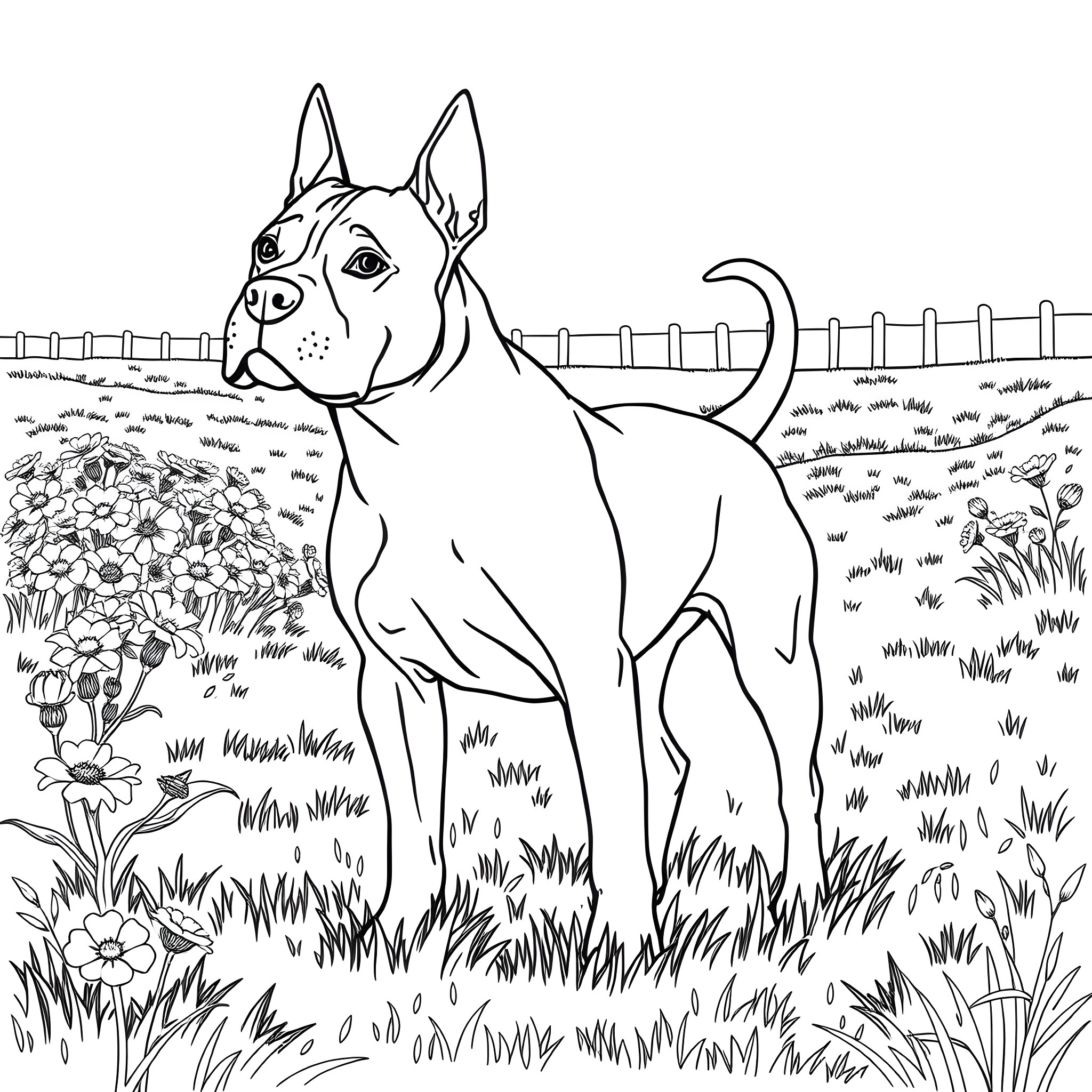 Amstaff standing in a lush garden Coloring Page (free black-and-white line drawing printable PDF for all, from beginners to advanced learners, including children, teens, adults, and seniors)