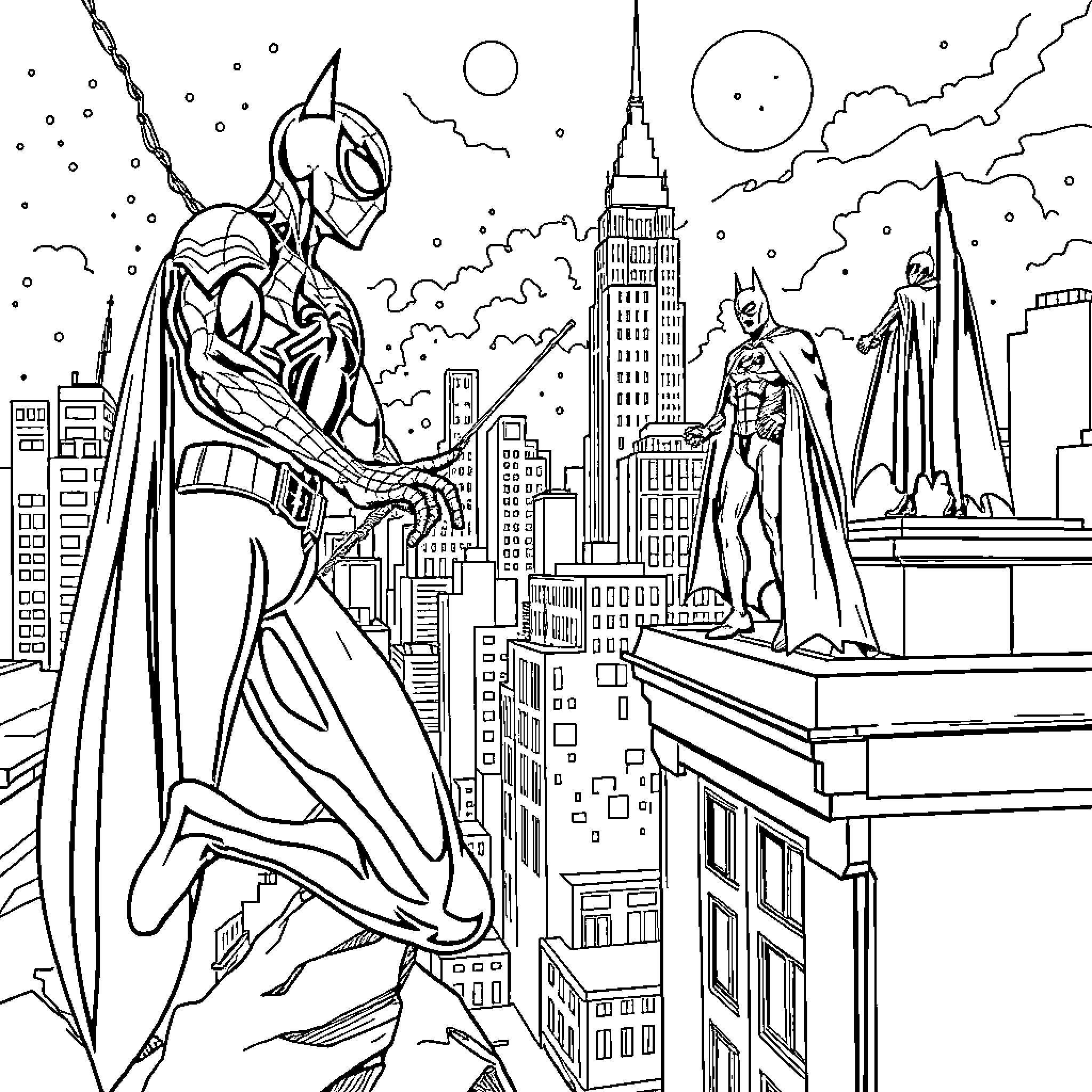 Spiderman swinging through the city skyline Coloring Page (free black-and-white line drawing printable PDF for all, from beginners to advanced learners, including children, teens, adults, and seniors)