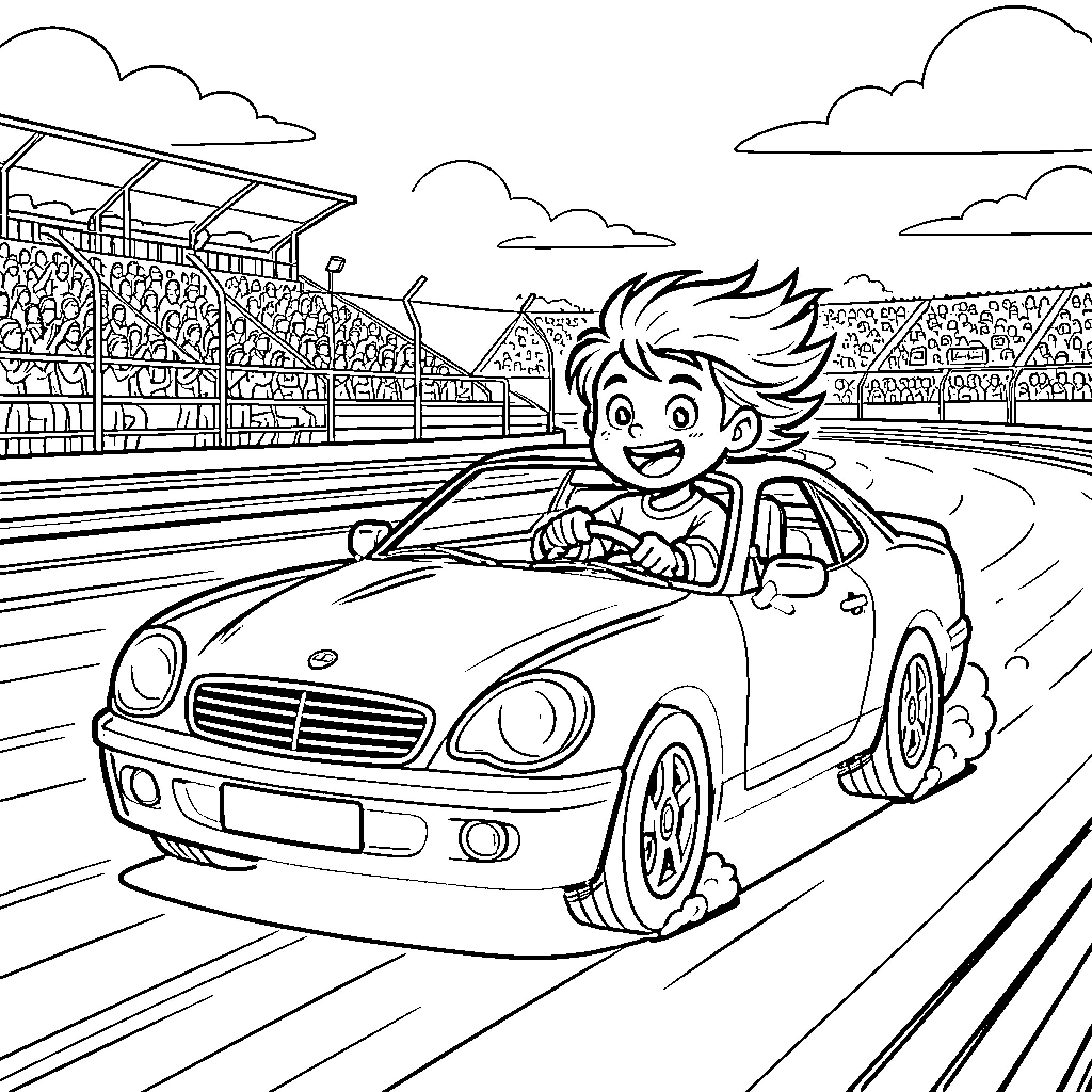 Boy racing excitedly in sports car on racetrack Coloring Page (free black-and-white line drawing printable PDF for all, from beginners to advanced learners, including children, teens, adults, and seniors)
