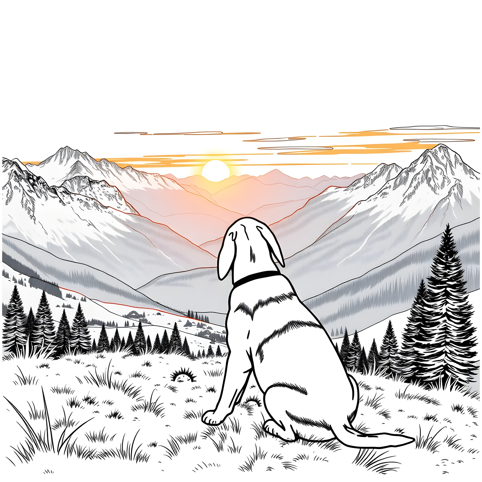 Beagle admiring the mountain scenery Coloring Page (free black-and-white line drawing printable PDF for all, from beginners to advanced learners, including children, teens, adults, and seniors)