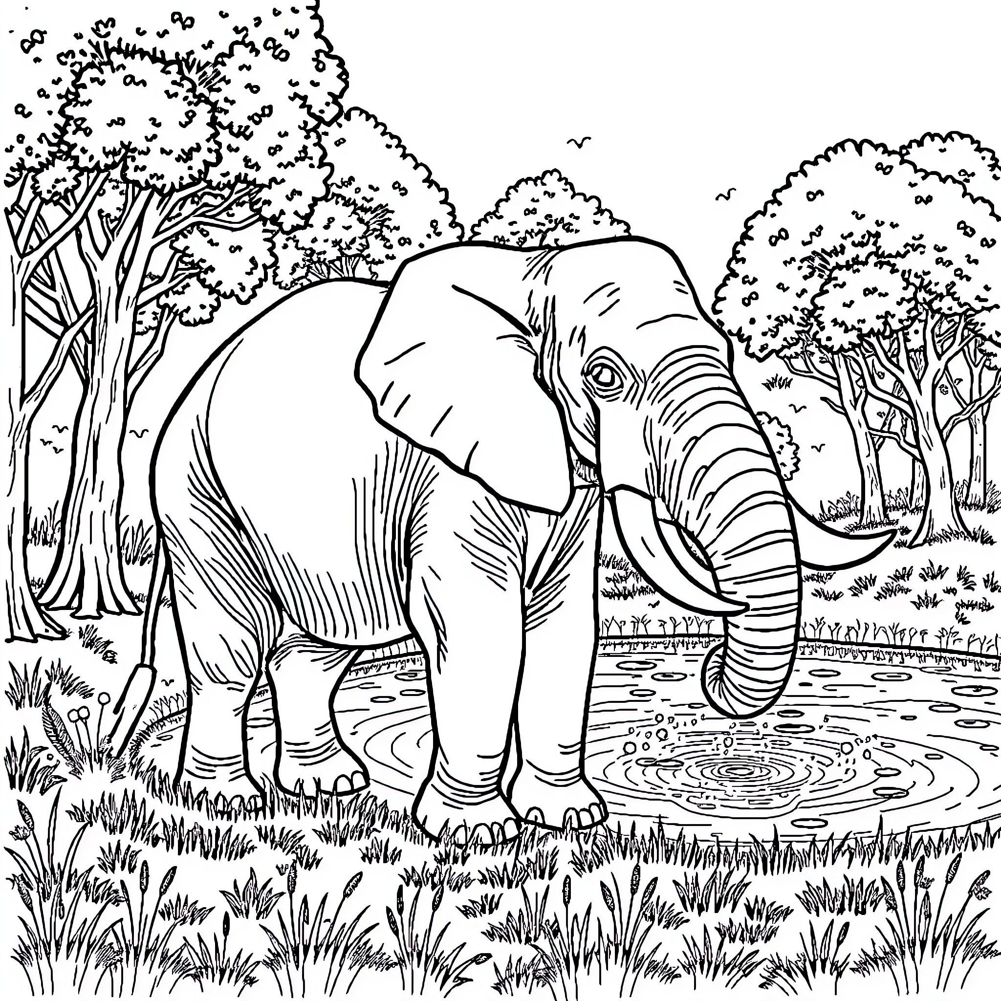Elephant walking gracefully through the lush forest Coloring Page (free black-and-white line drawing printable PDF for all, from beginners to advanced learners, including children, teens, adults, and seniors)