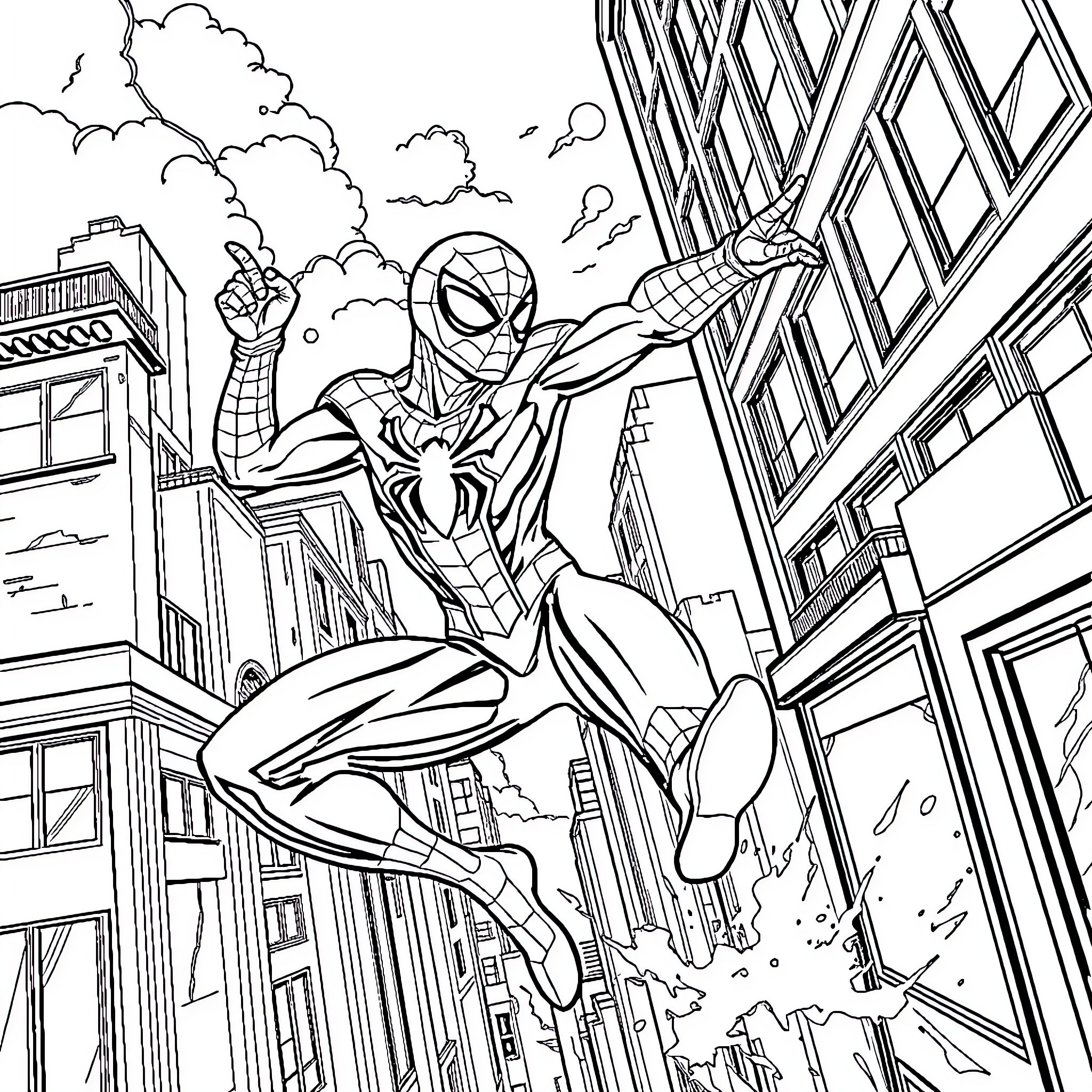Spider-Man swinging through the city skyline Coloring Page (free black-and-white line drawing printable PDF for all, from beginners to advanced learners, including children, teens, adults, and seniors)