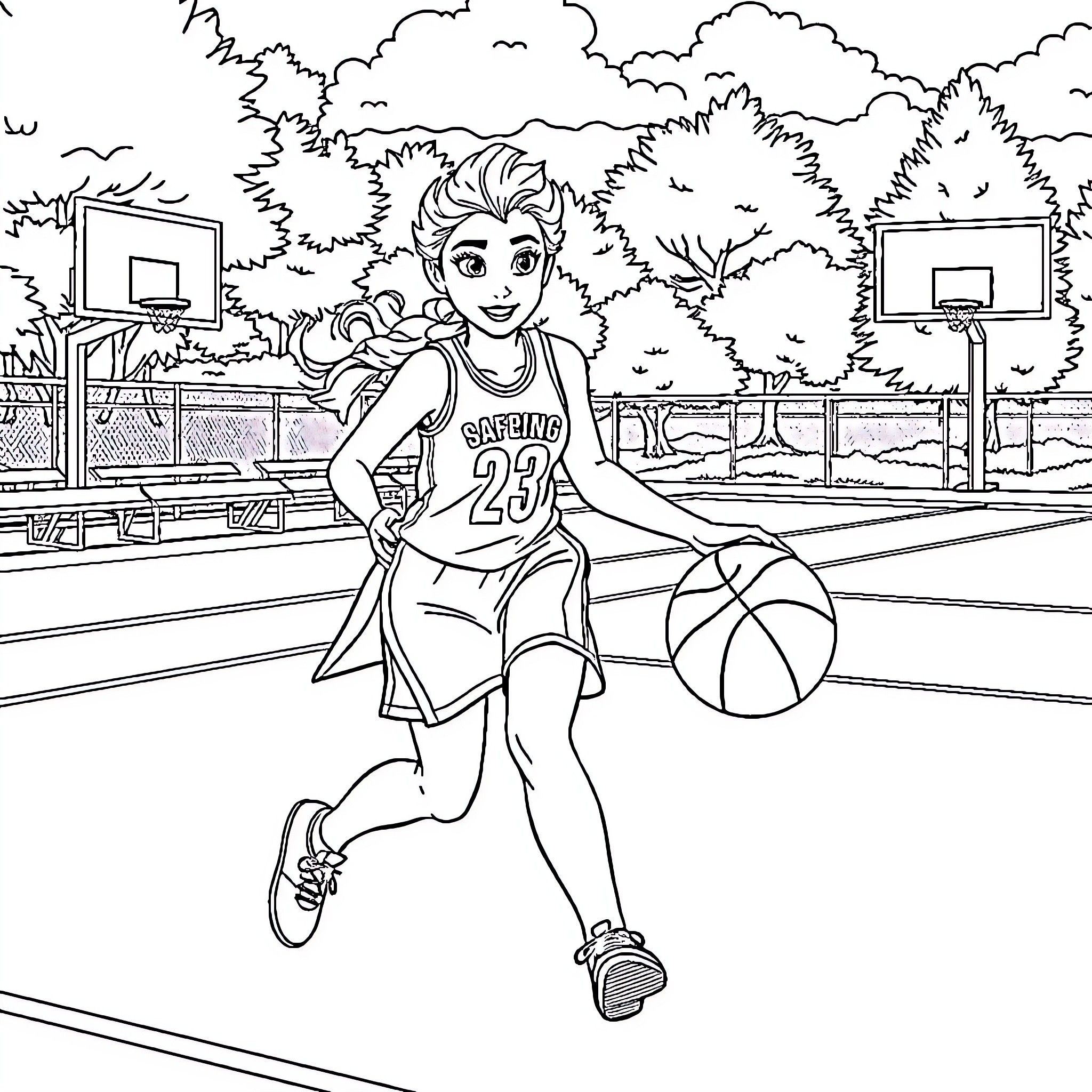 Elsa playing basketball on outdoor court Coloring Page (free black-and-white line drawing printable PDF for all, from beginners to advanced learners, including children, teens, adults, and seniors)