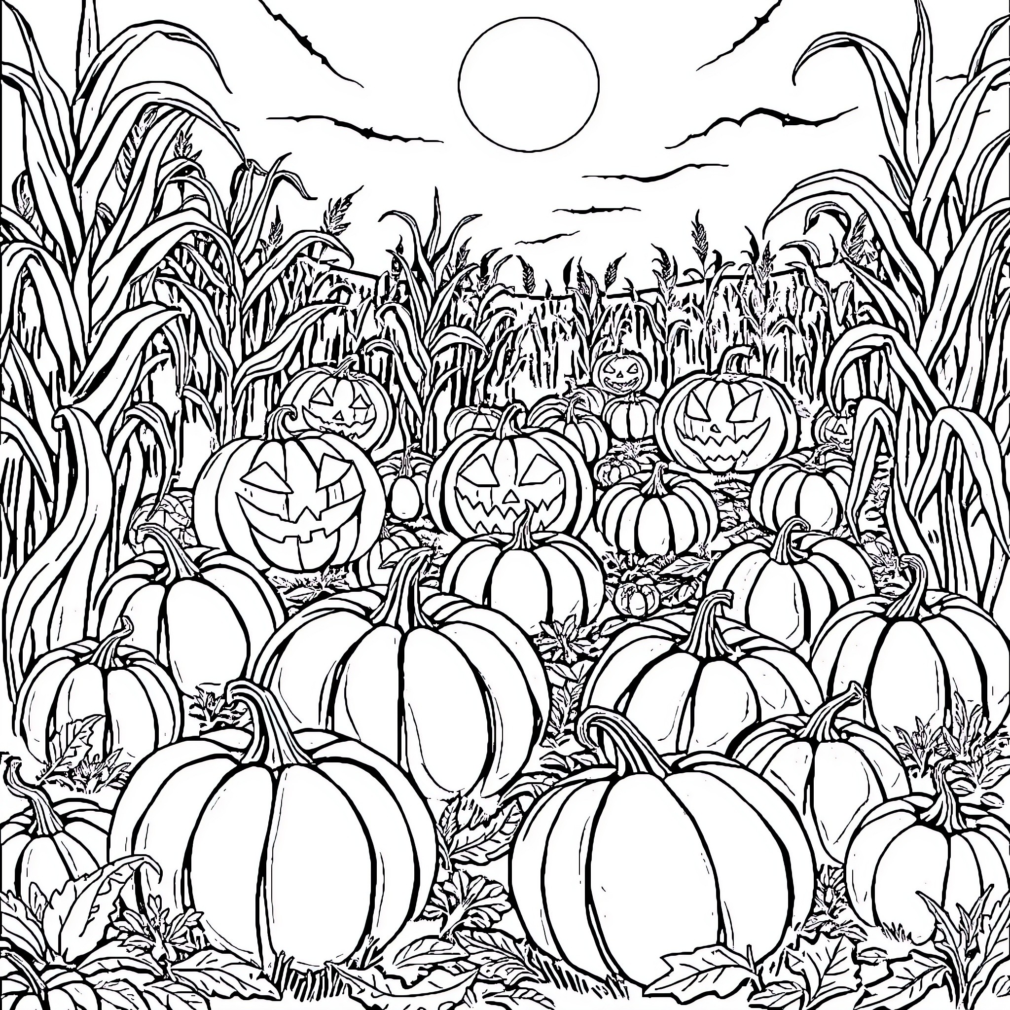 Pumpkin Patch in the Moonlight Coloring Page (free black-and-white line drawing printable PDF for all, from beginners to advanced learners, including children, teens, adults, and seniors)