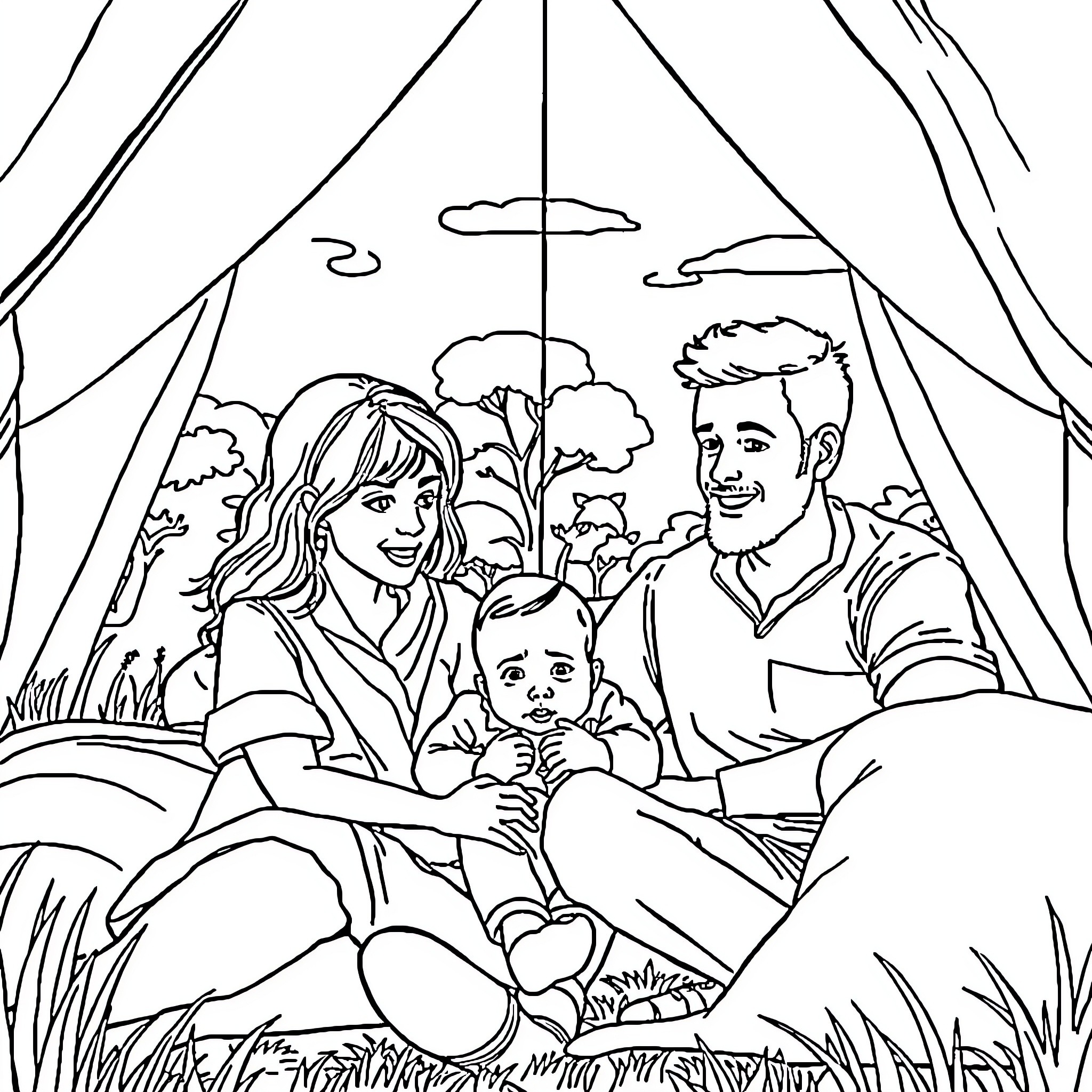 Baby Boy Enjoying Family Outdoor Adventure Coloring Page (free black-and-white line drawing printable PDF for all, from beginners to advanced learners, including children, teens, adults, and seniors)