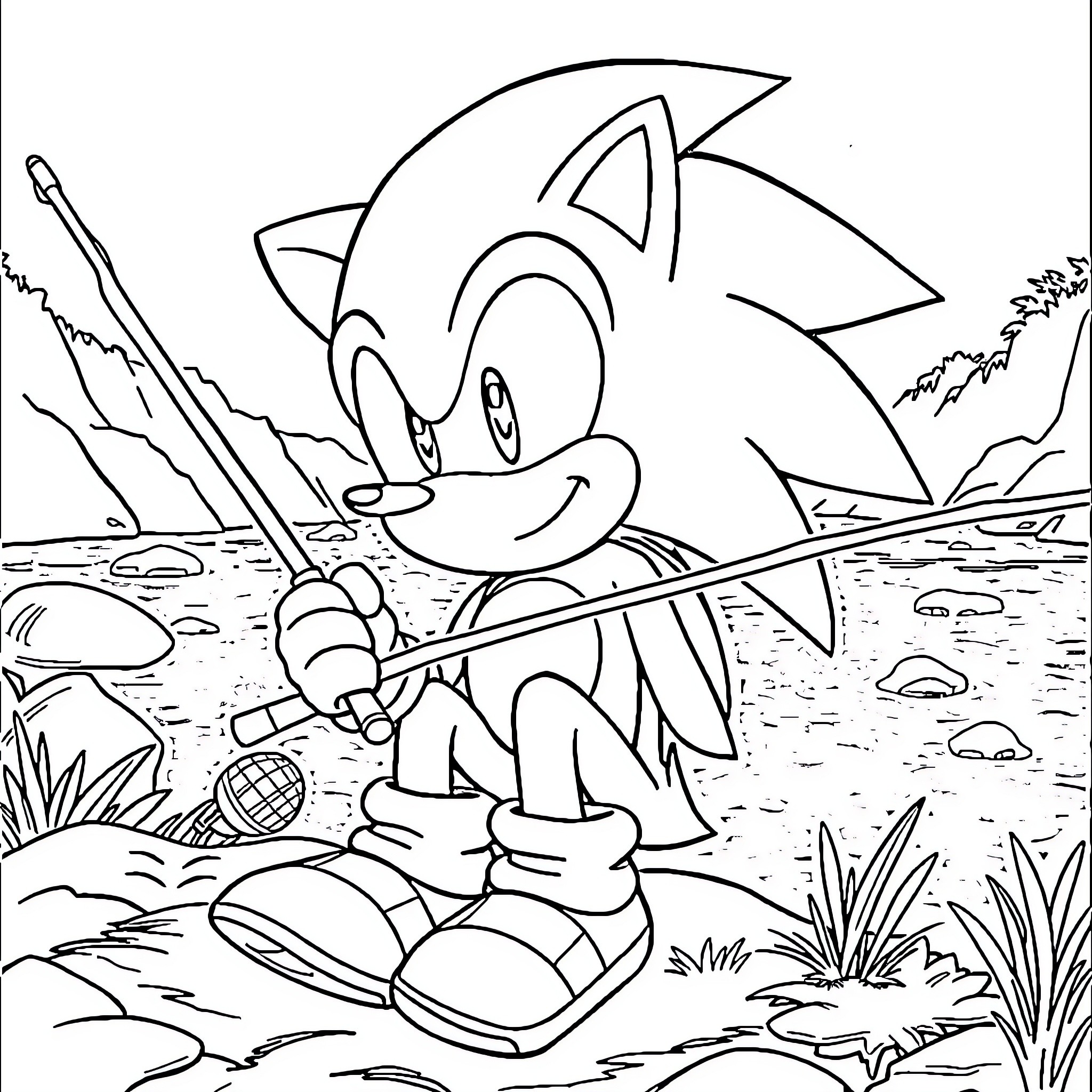 Sonic exploring the wilderness with fishing rod Coloring Page (free black-and-white line drawing printable PDF for all, from beginners to advanced learners, including children, teens, adults, and seniors)