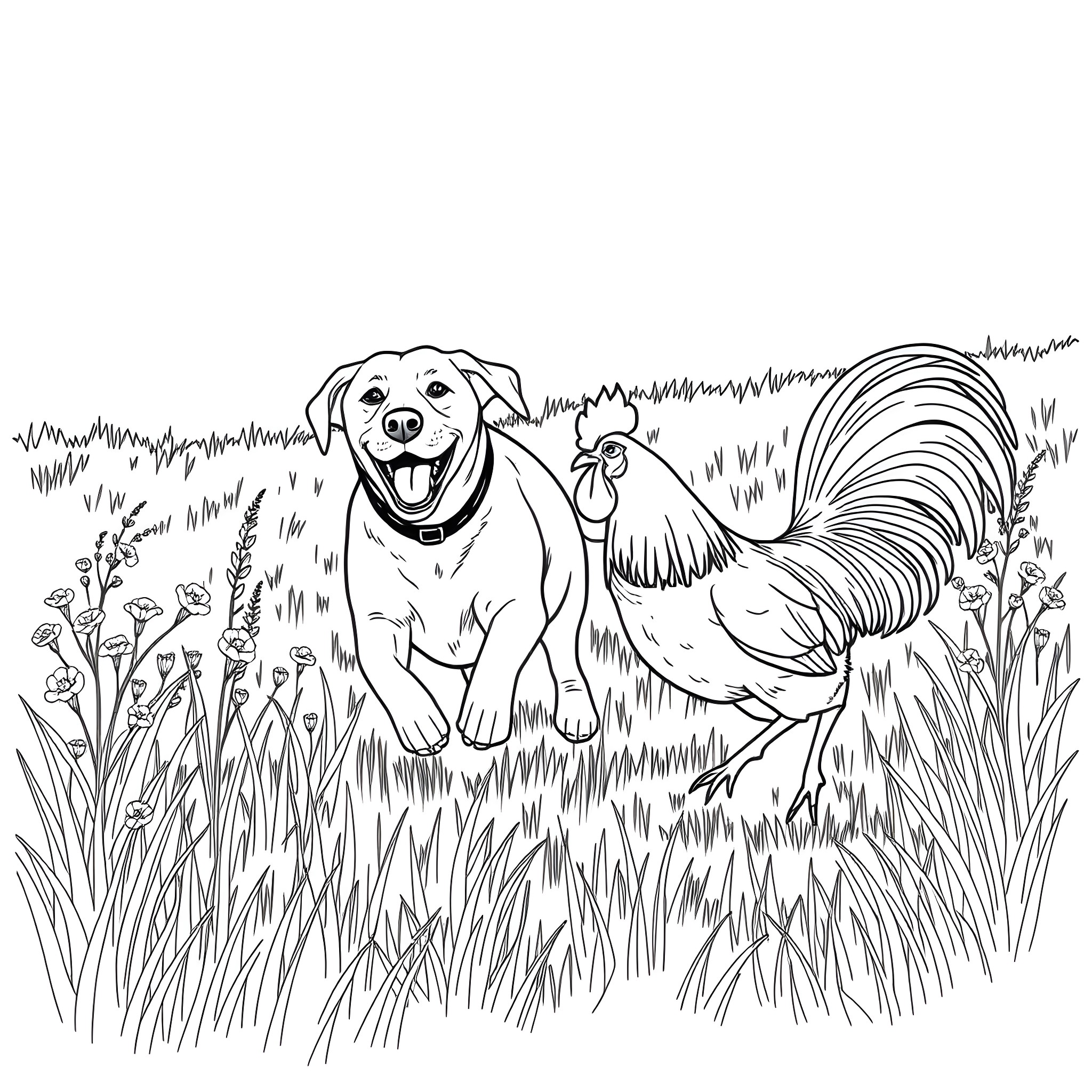 Labrador dog and rooster playing in the field Coloring Page (free black-and-white line drawing printable PDF for all, from beginners to advanced learners, including children, teens, adults, and seniors)