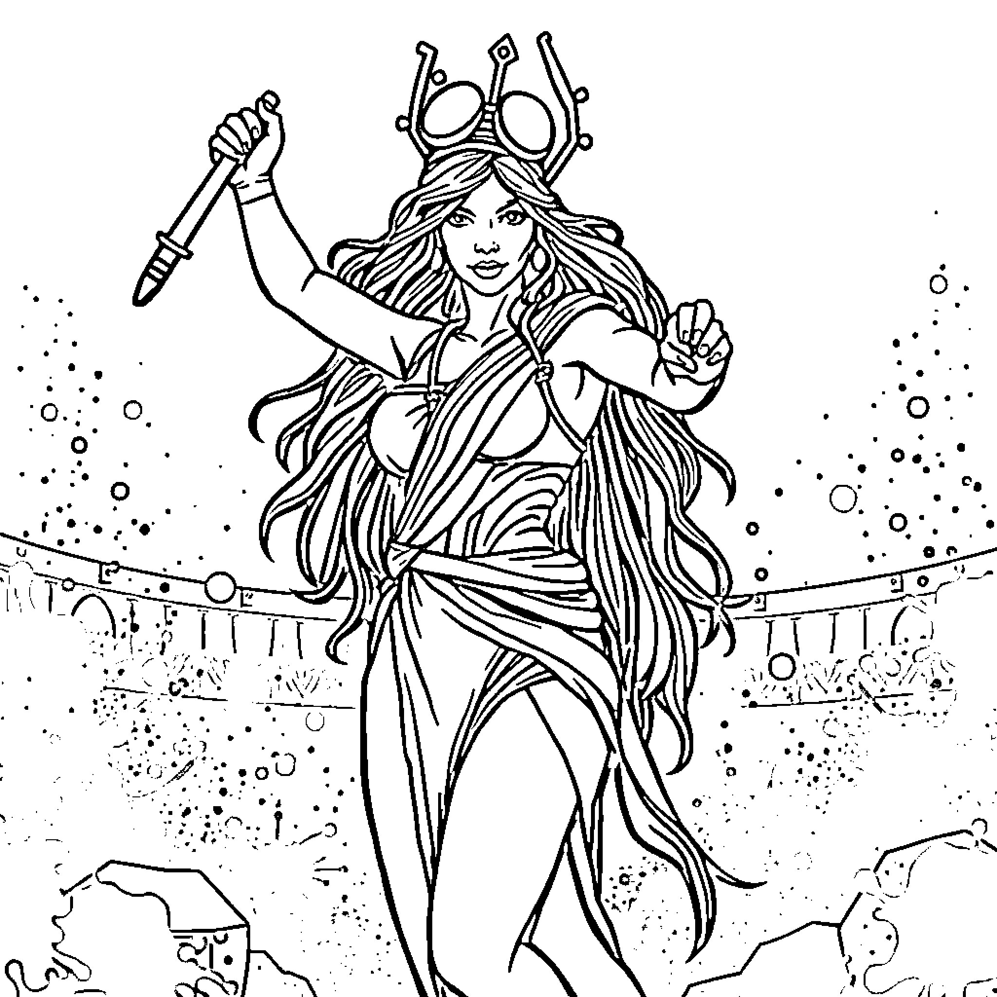 Artemis, the Goddess of the Hunt, in Commanding Pose Coloring Page (free black-and-white line drawing printable PDF for all, from beginners to advanced learners, including children, teens, adults, and seniors)