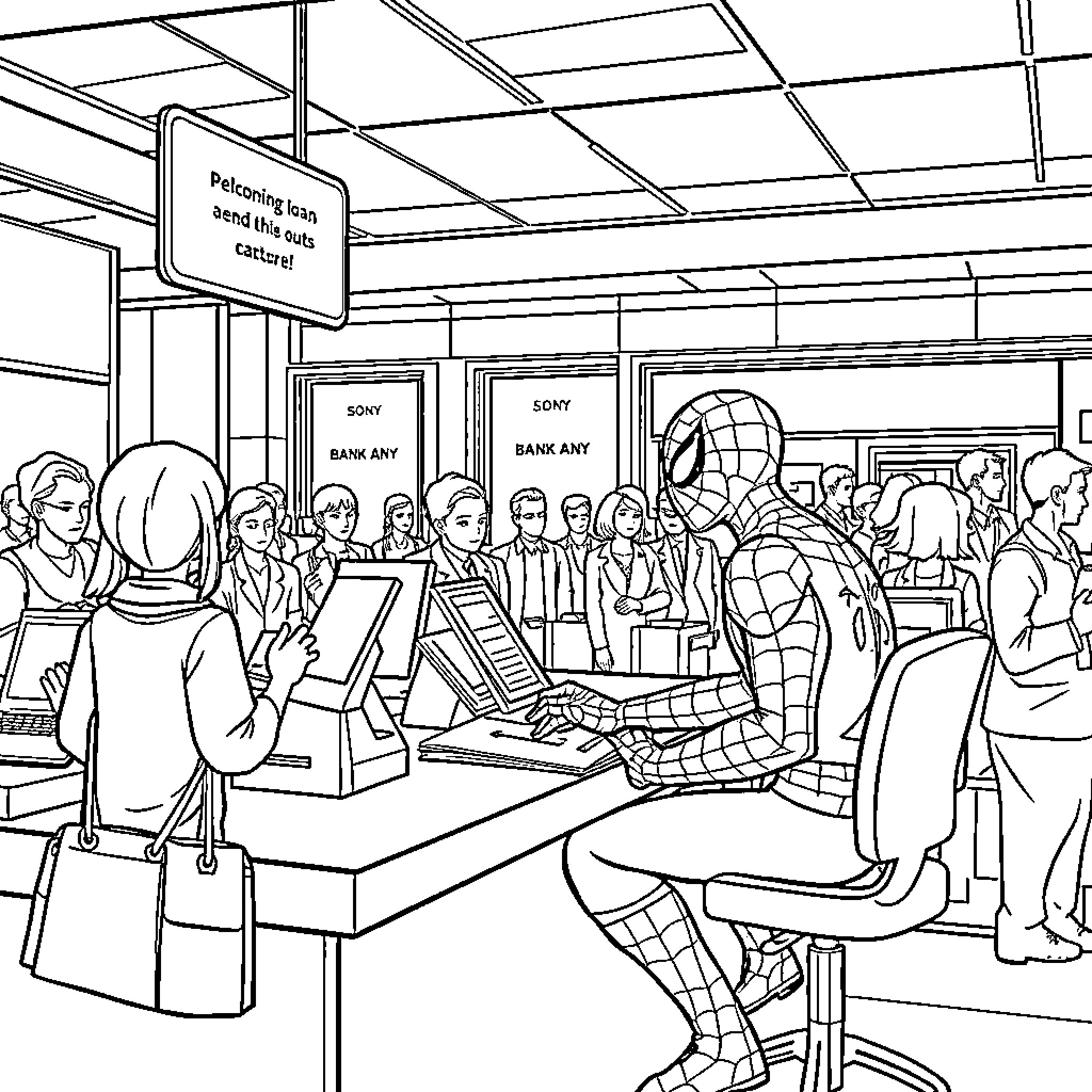 Spiderman encounters a crowd in a bank Coloring Page (free black-and-white line drawing printable PDF for all, from beginners to advanced learners, including children, teens, adults, and seniors)