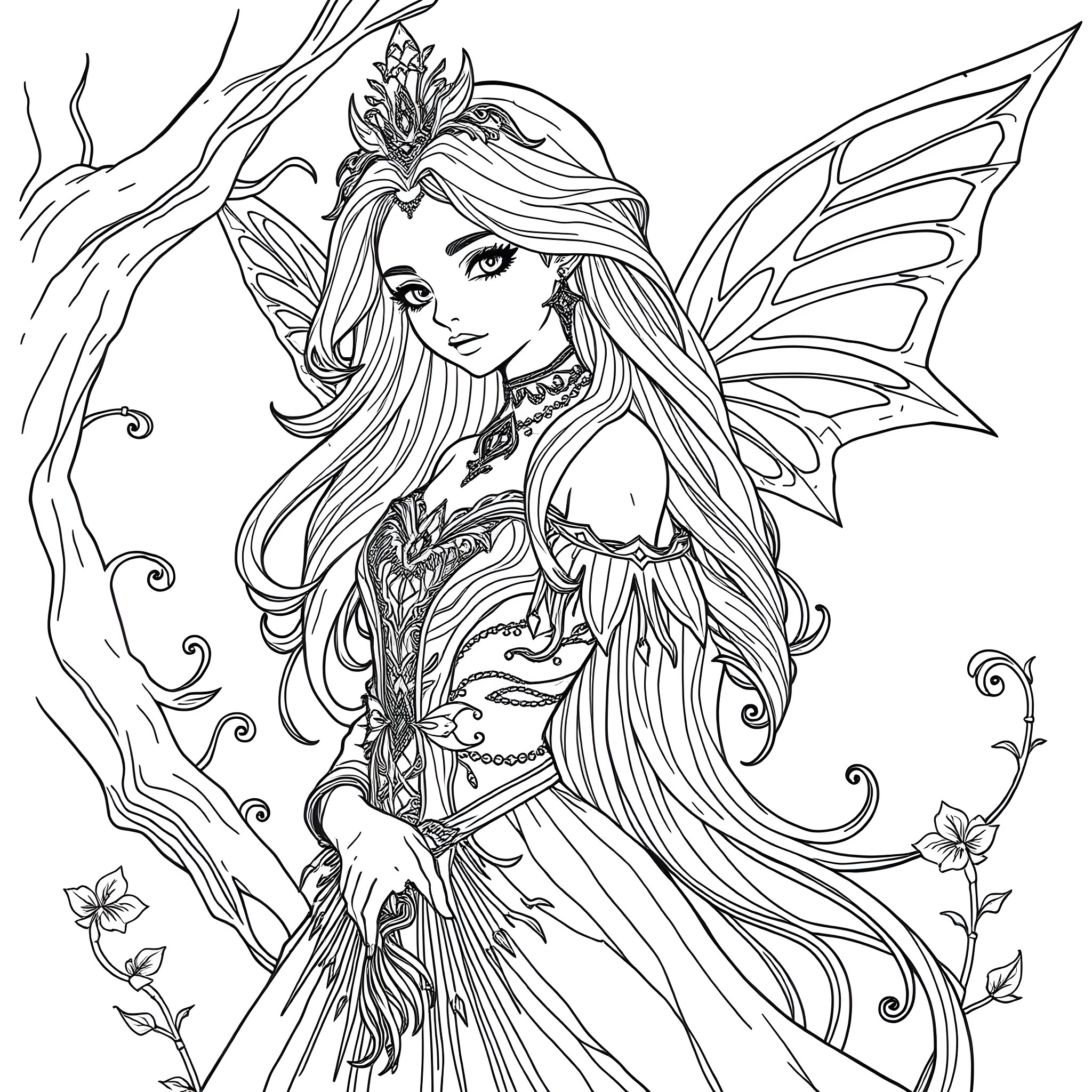 Girl in Fairy Dress with Floral Crown Coloring Page (free black-and-white line drawing printable PDF for all, from beginners to advanced learners, including children, teens, adults, and seniors)