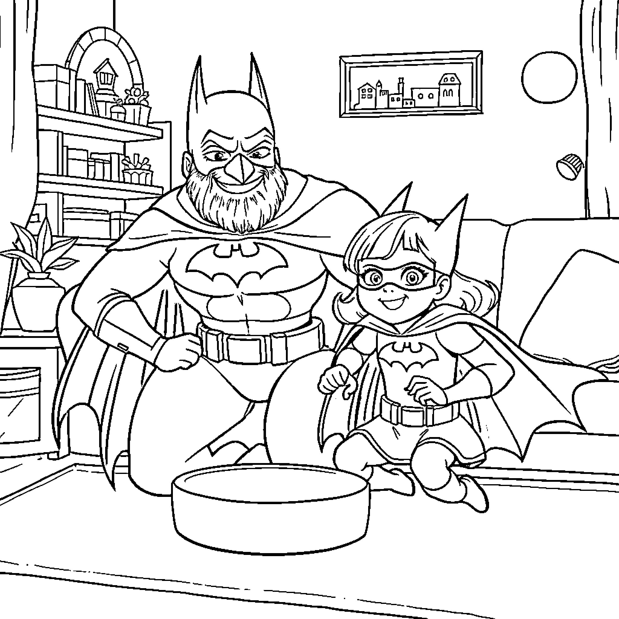 Girl and superhero in action-packed home adventure Coloring Page (free black-and-white line drawing printable PDF for all, from beginners to advanced learners, including children, teens, adults, and seniors)
