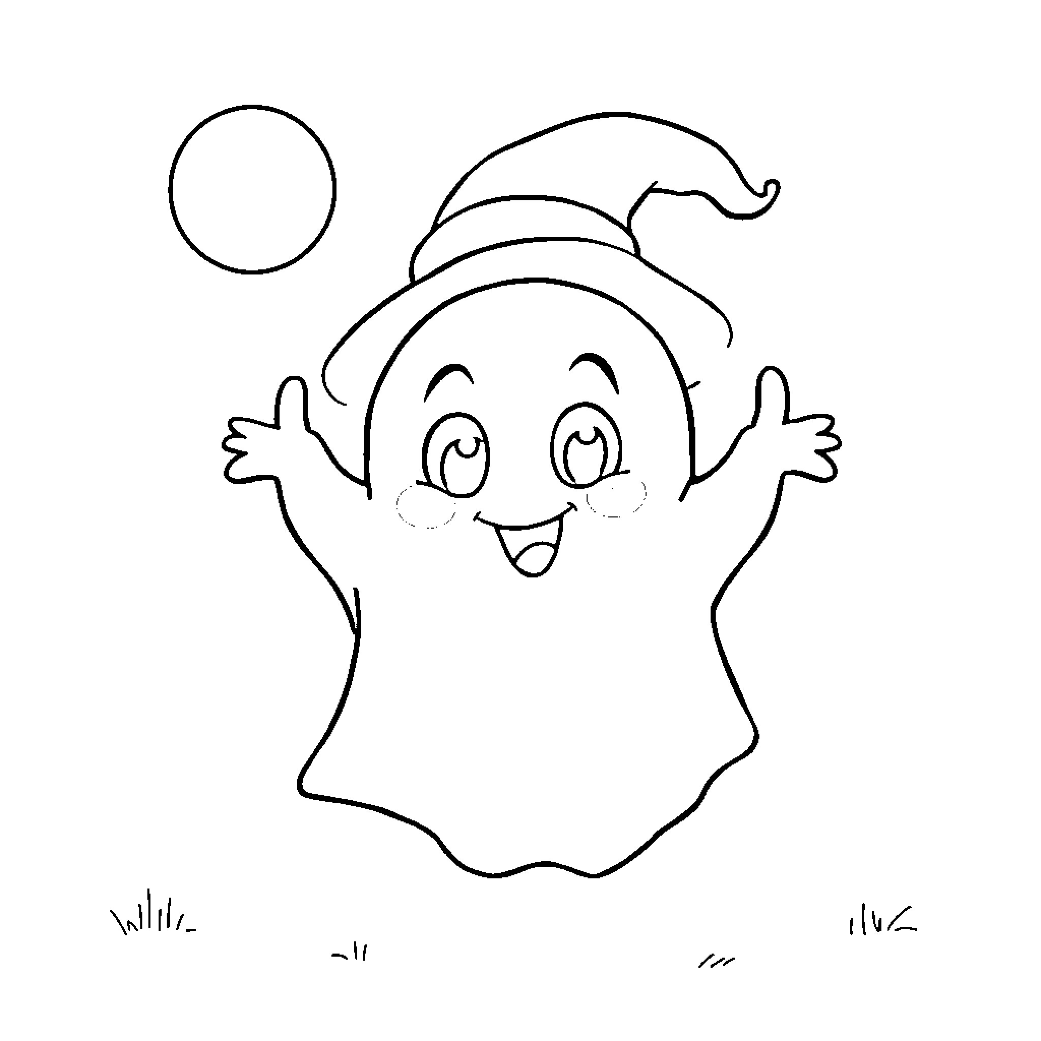 Ghost in a cheerful mood Coloring Page (free black-and-white line drawing printable PDF for all, from beginners to advanced learners, including children, teens, adults, and seniors)