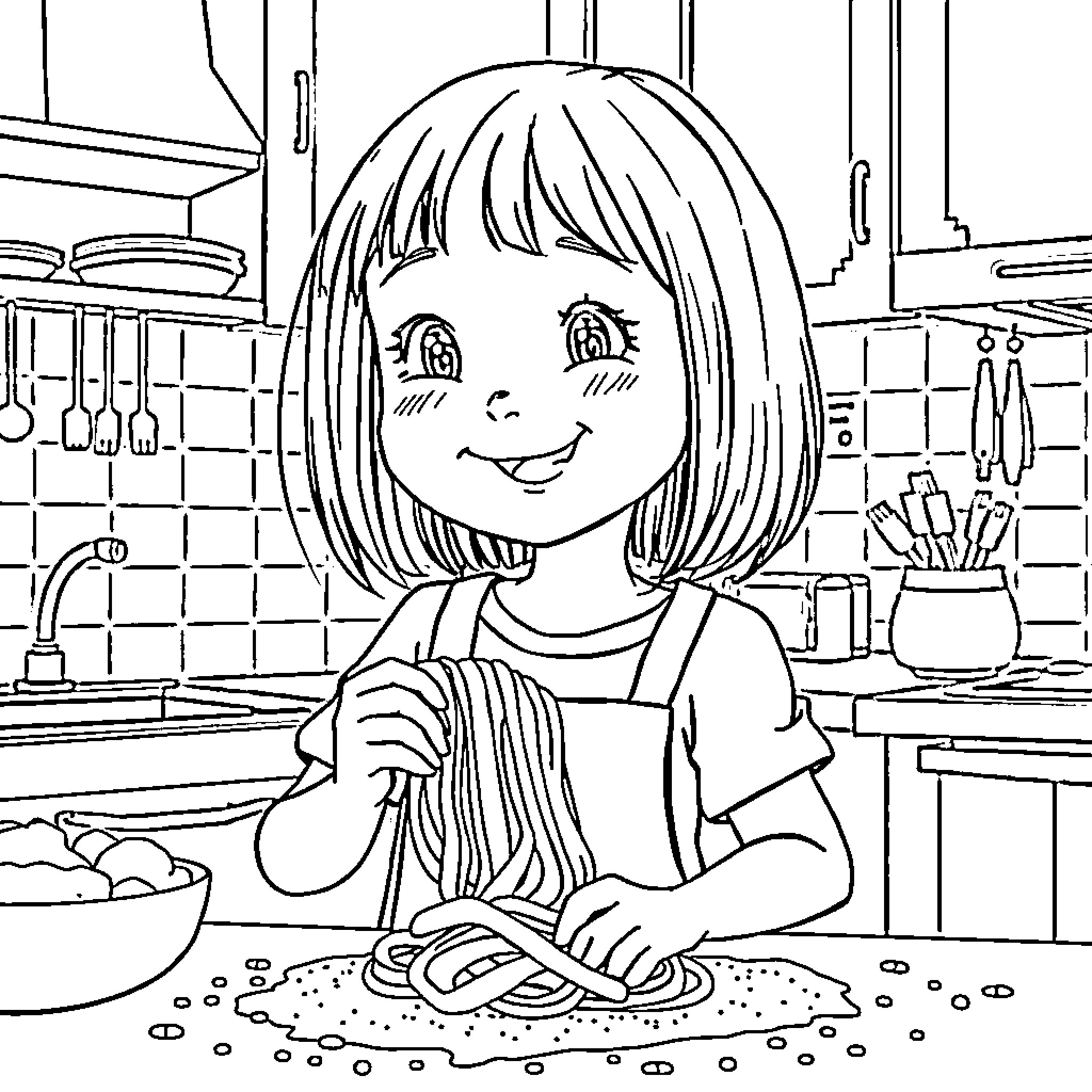 Girl Happily Cooking in the Kitchen Coloring Page (free black-and-white line drawing printable PDF for all, from beginners to advanced learners, including children, teens, adults, and seniors)