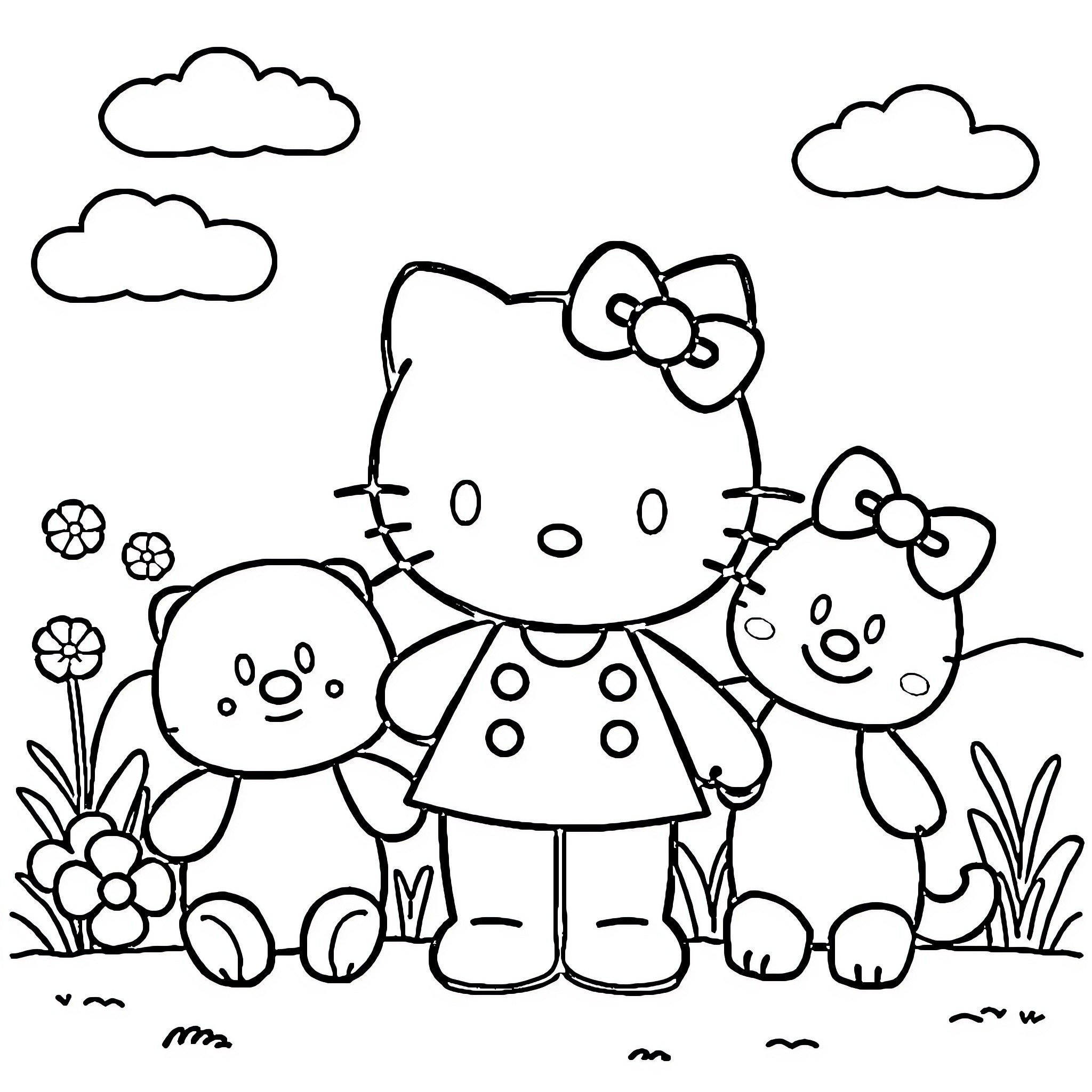 Hello Kitty playing with friends in nature Coloring Page (free black-and-white line drawing printable PDF for all, from beginners to advanced learners, including children, teens, adults, and seniors)
