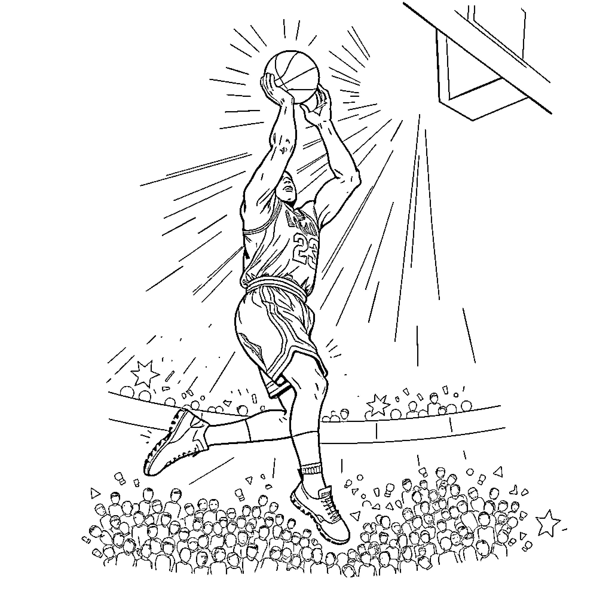 Michael Jordan's slam dunk performance Coloring Page (free black-and-white line drawing printable PDF for all, from beginners to advanced learners, including children, teens, adults, and seniors)
