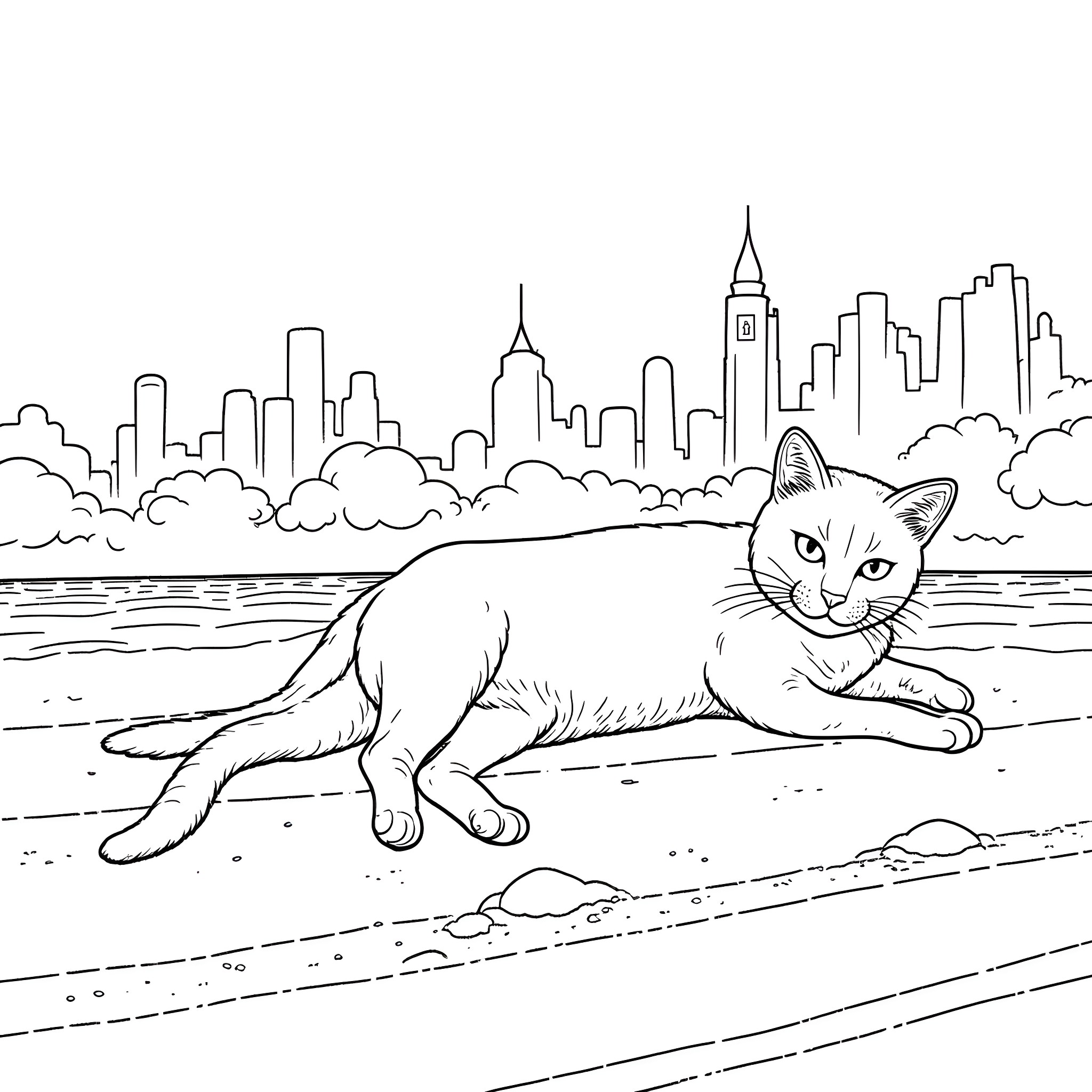 Cat relaxing in the city landscape Coloring Page (free black-and-white line drawing printable PDF for all, from beginners to advanced learners, including children, teens, adults, and seniors)